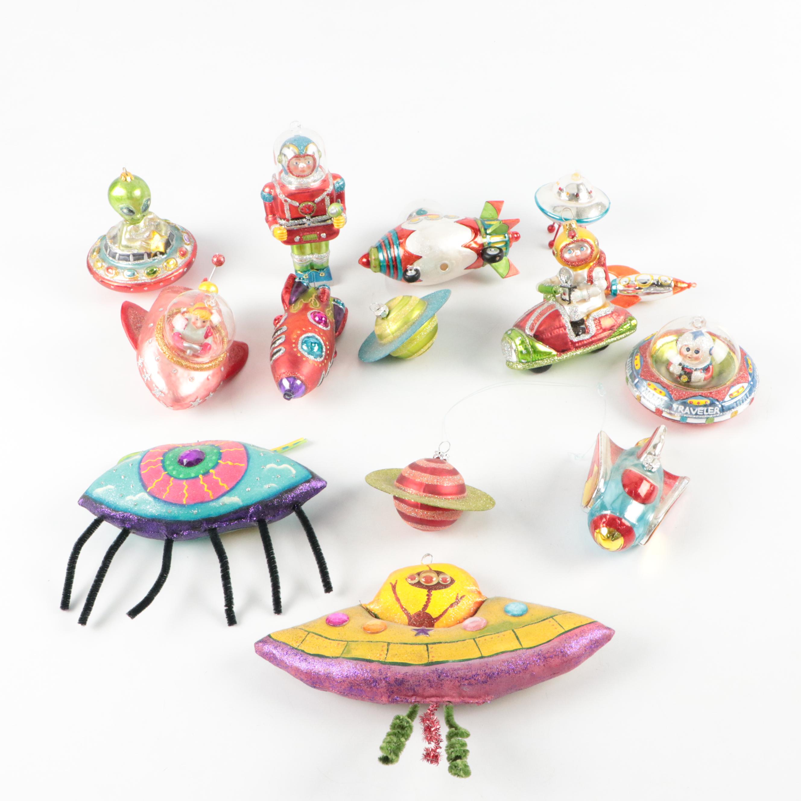 Alien, Space Ship, and Other Glass Christmas Ornaments
