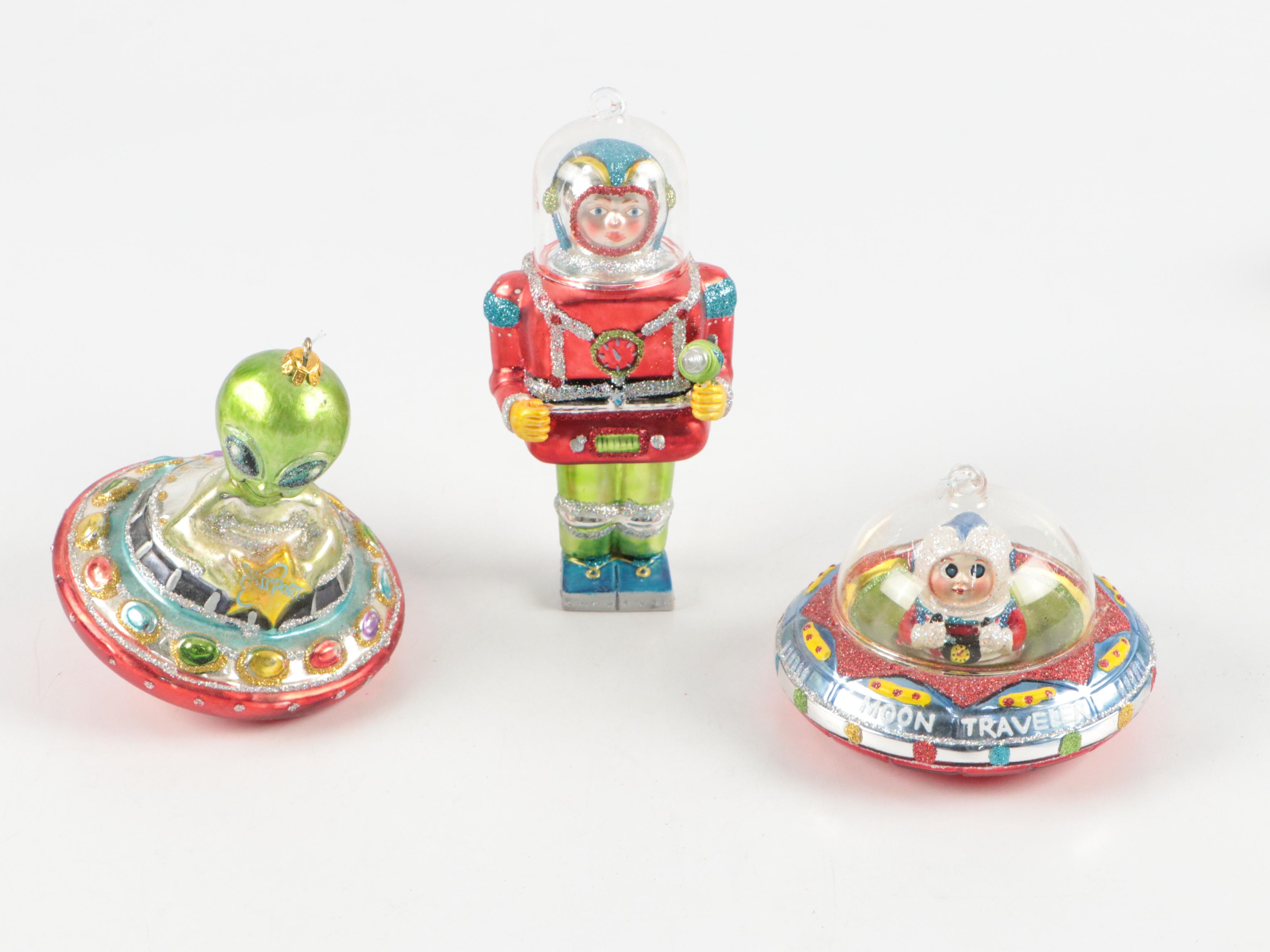 Alien, Space Ship, and Other Glass Christmas Ornaments