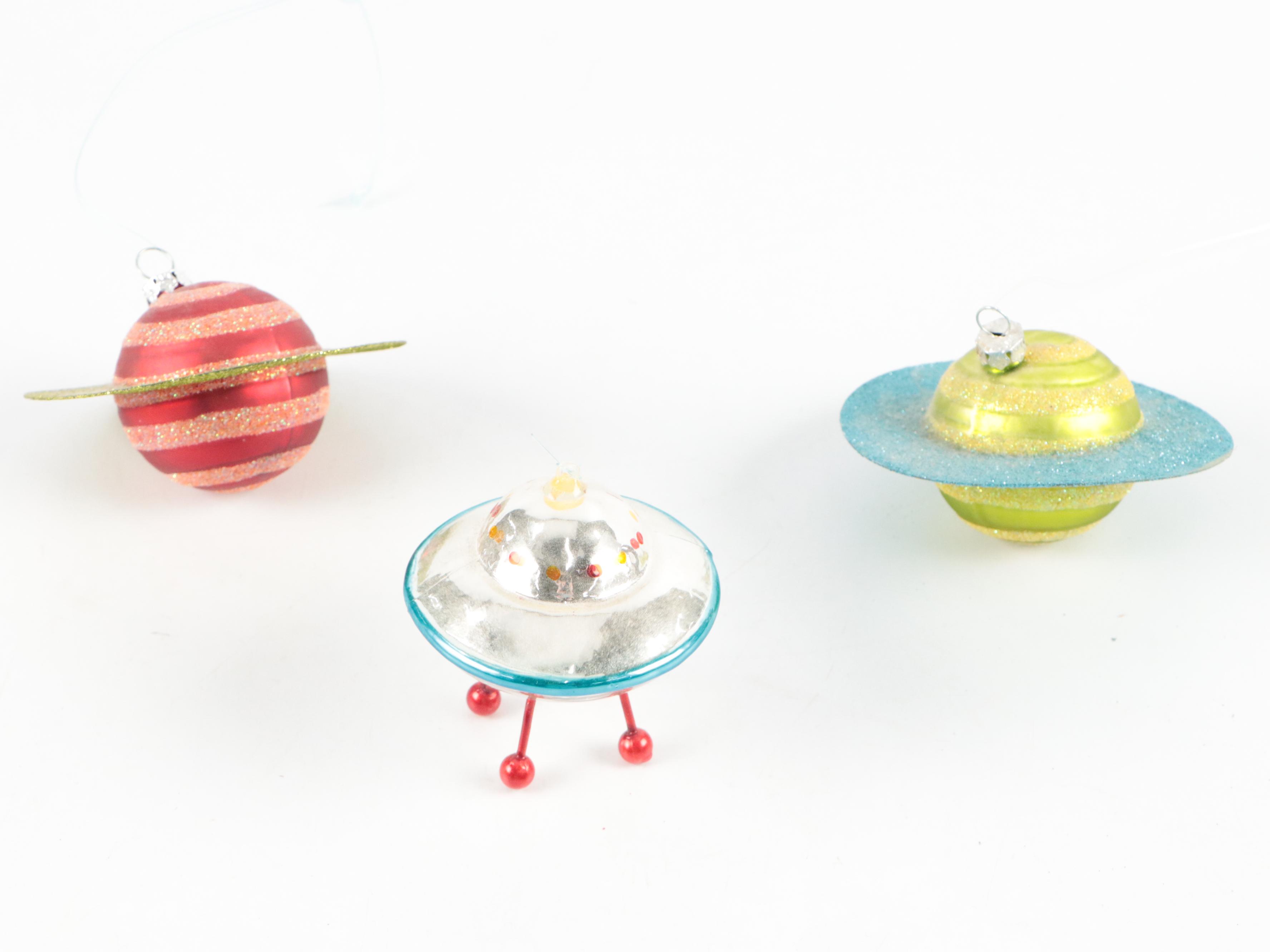 Alien, Space Ship, and Other Glass Christmas Ornaments