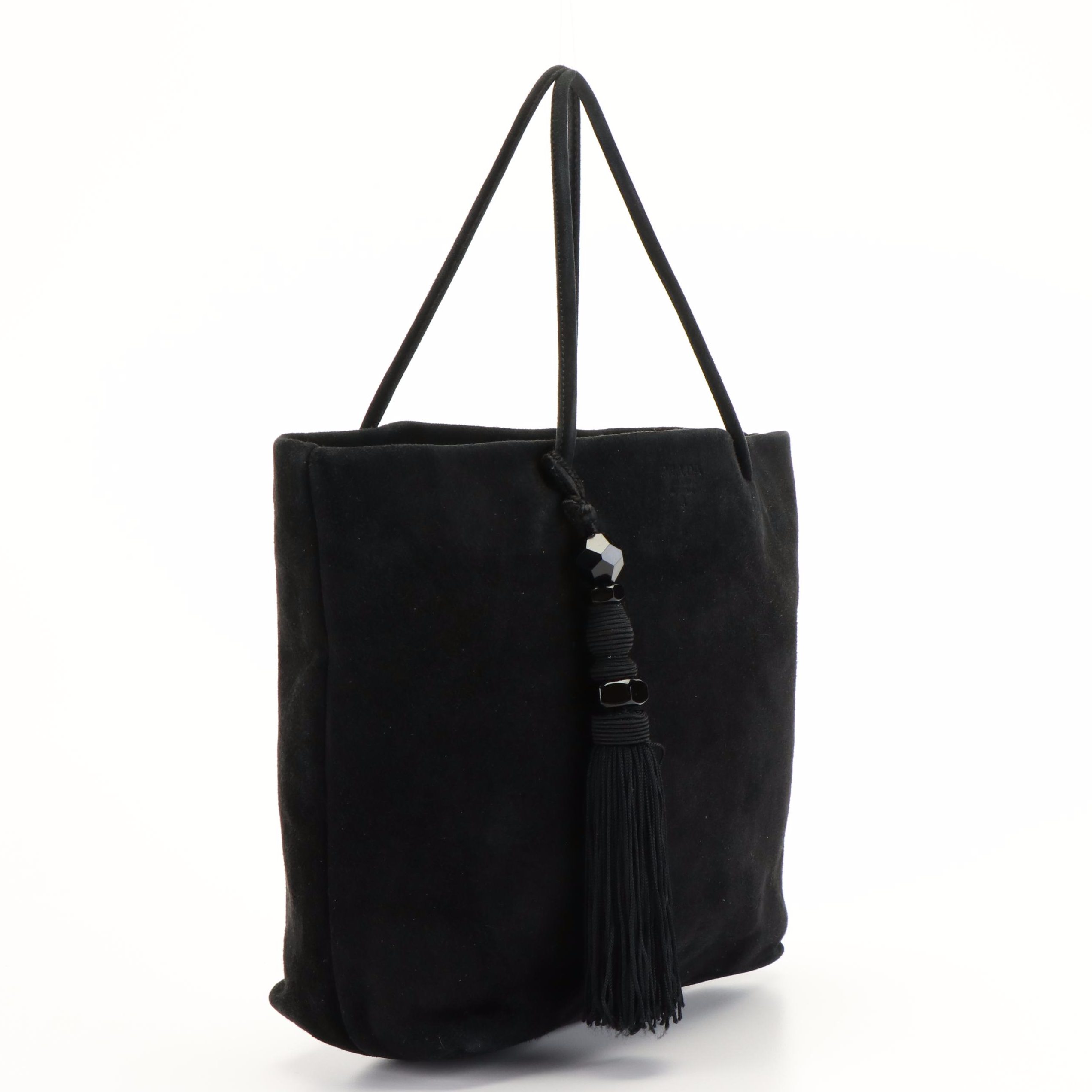 Prada Black Suede Tassel Tote Bag
