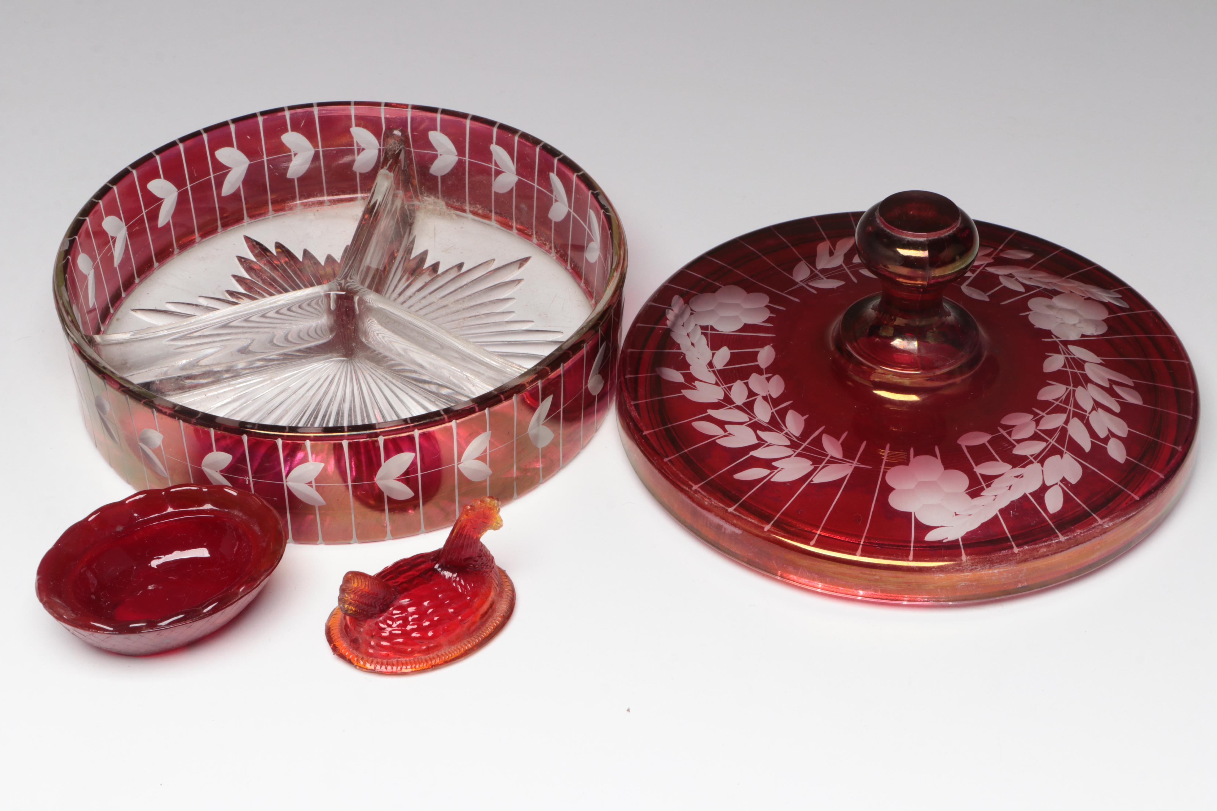 Floral Glass Box, Owl Fairy Lamp Candle Holder and More Ruby Red Glassware