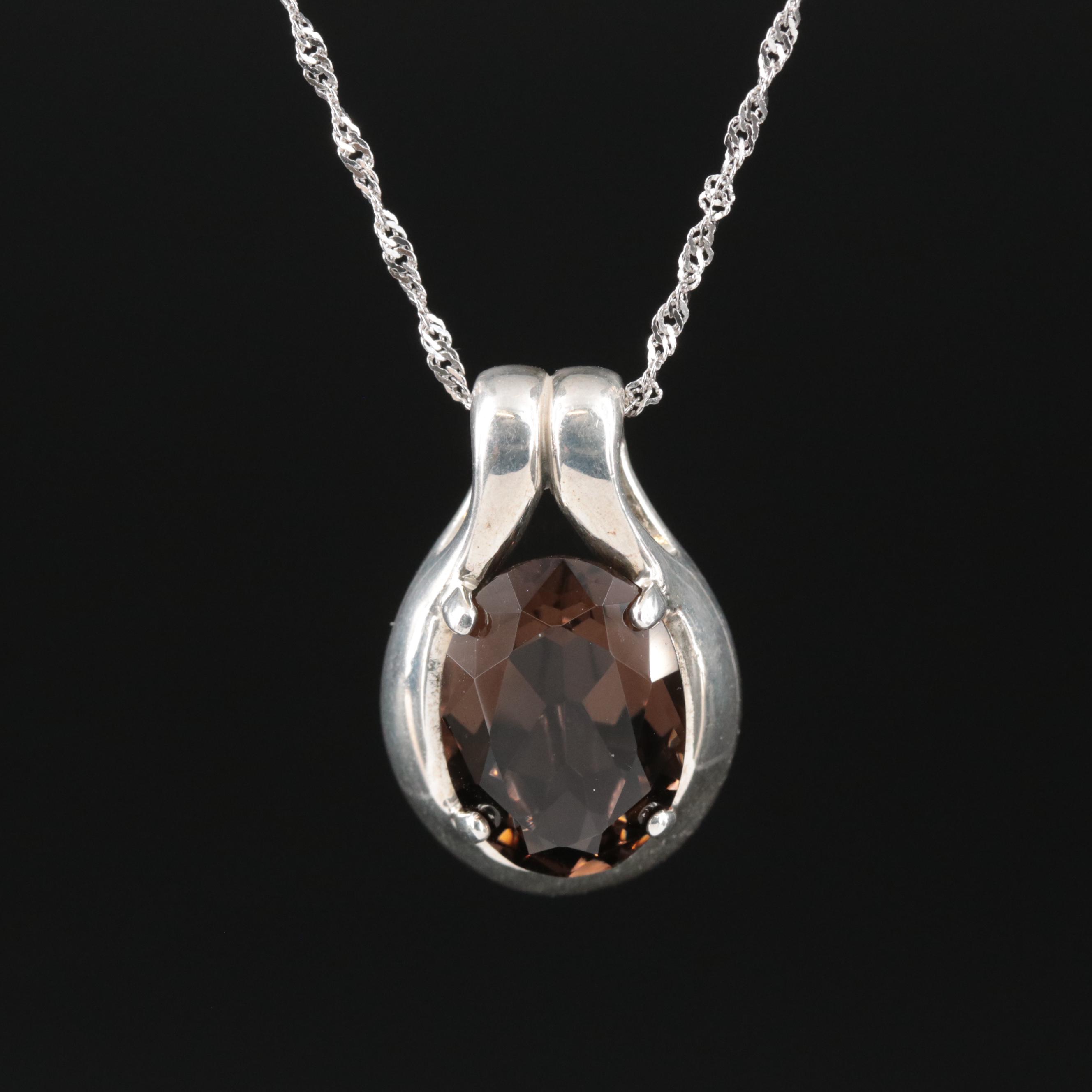 Kabana Sterling Smoky Quartz Pendant on Singapore Chain Necklace