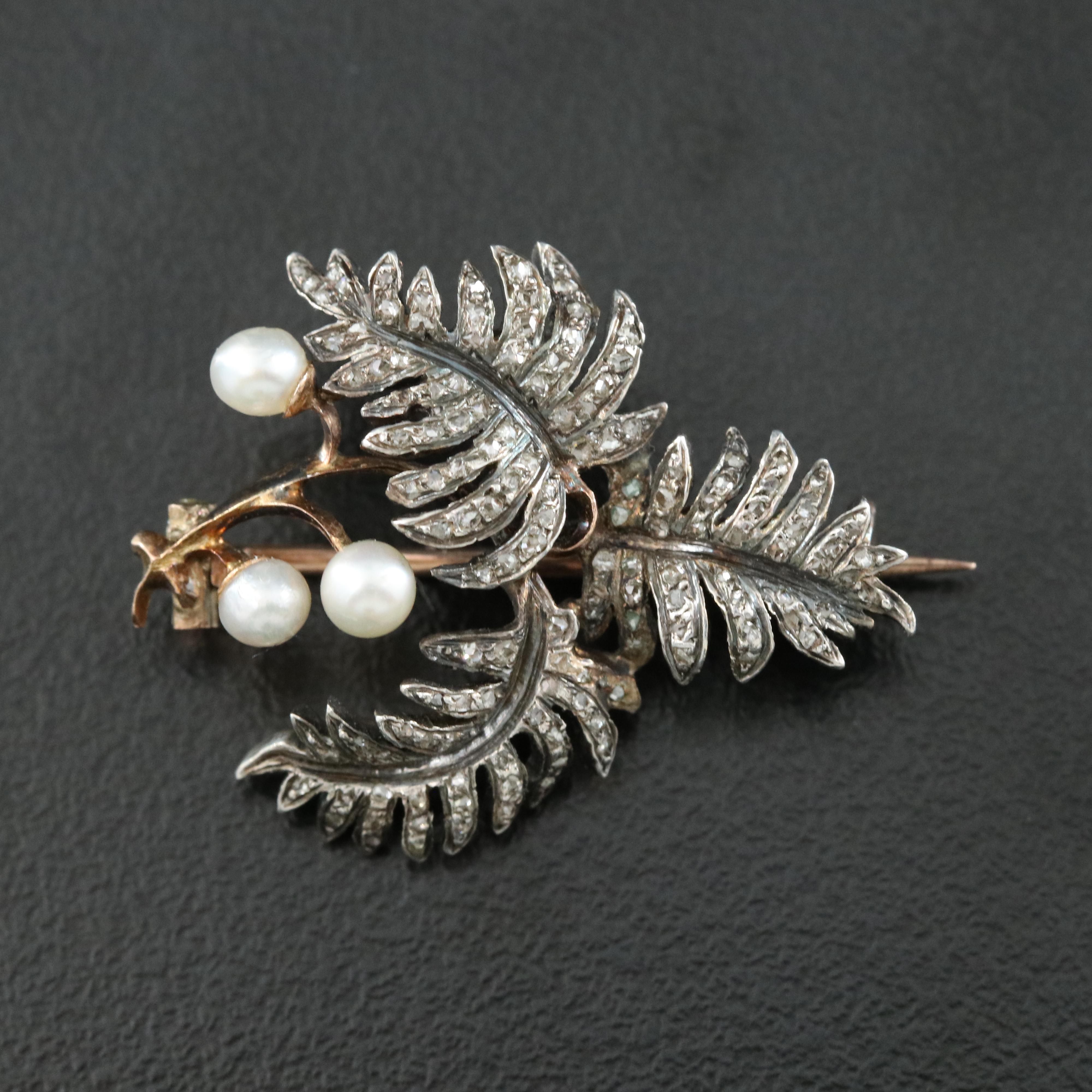 Antique 10K Gold Pearl and Diamond Brooch