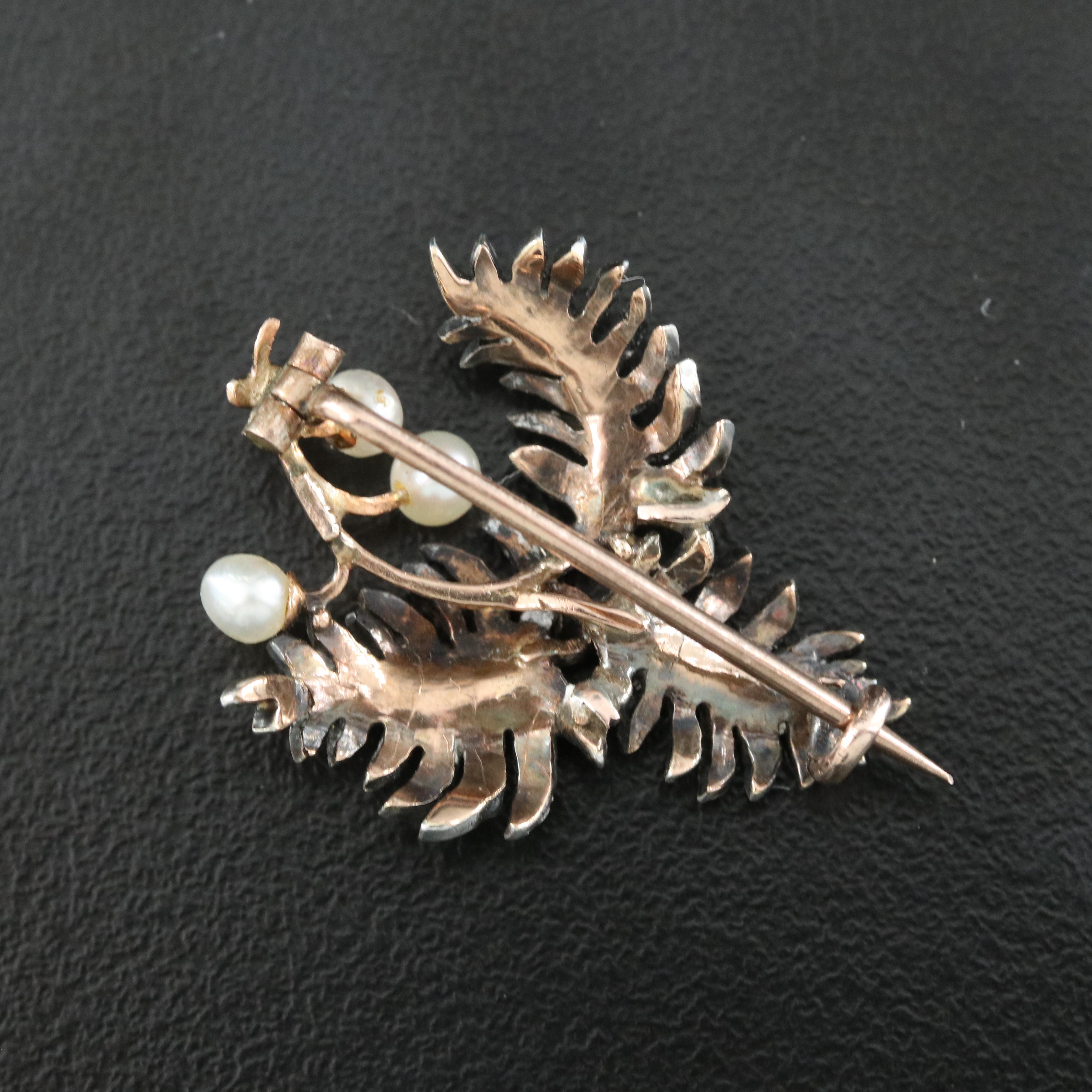 Antique 10K Gold Pearl and Diamond Brooch