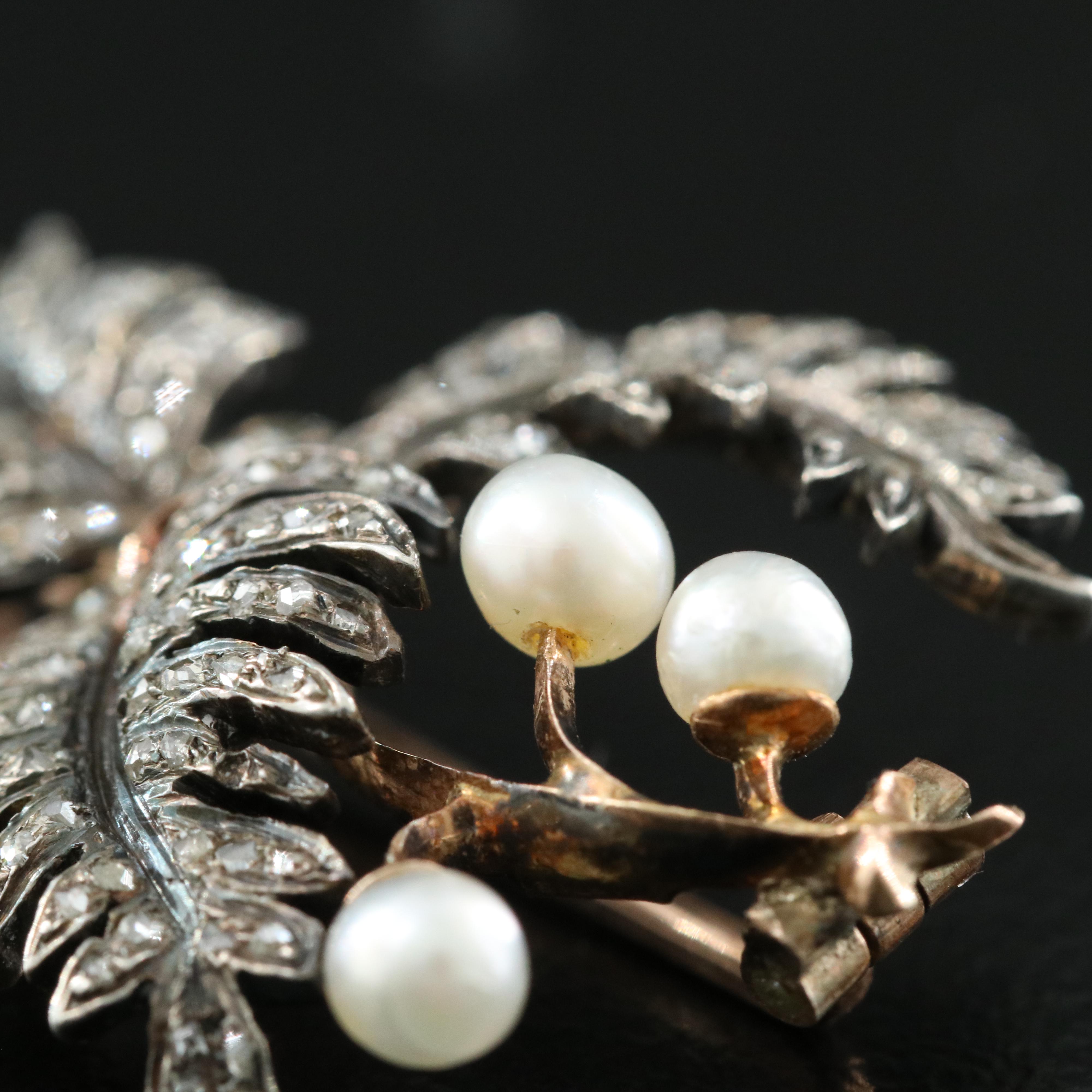 Antique 10K Gold Pearl and Diamond Brooch