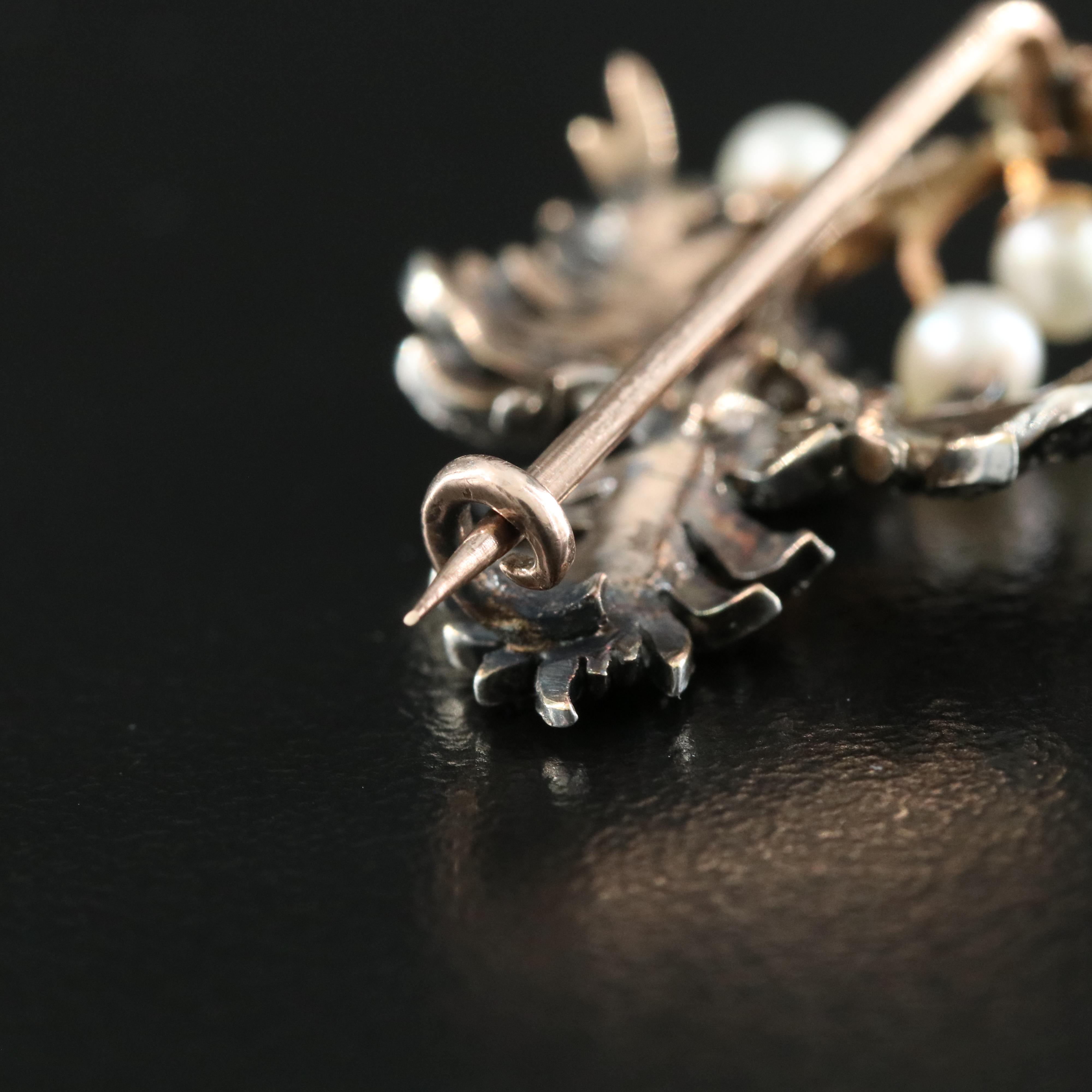 Antique 10K Gold Pearl and Diamond Brooch