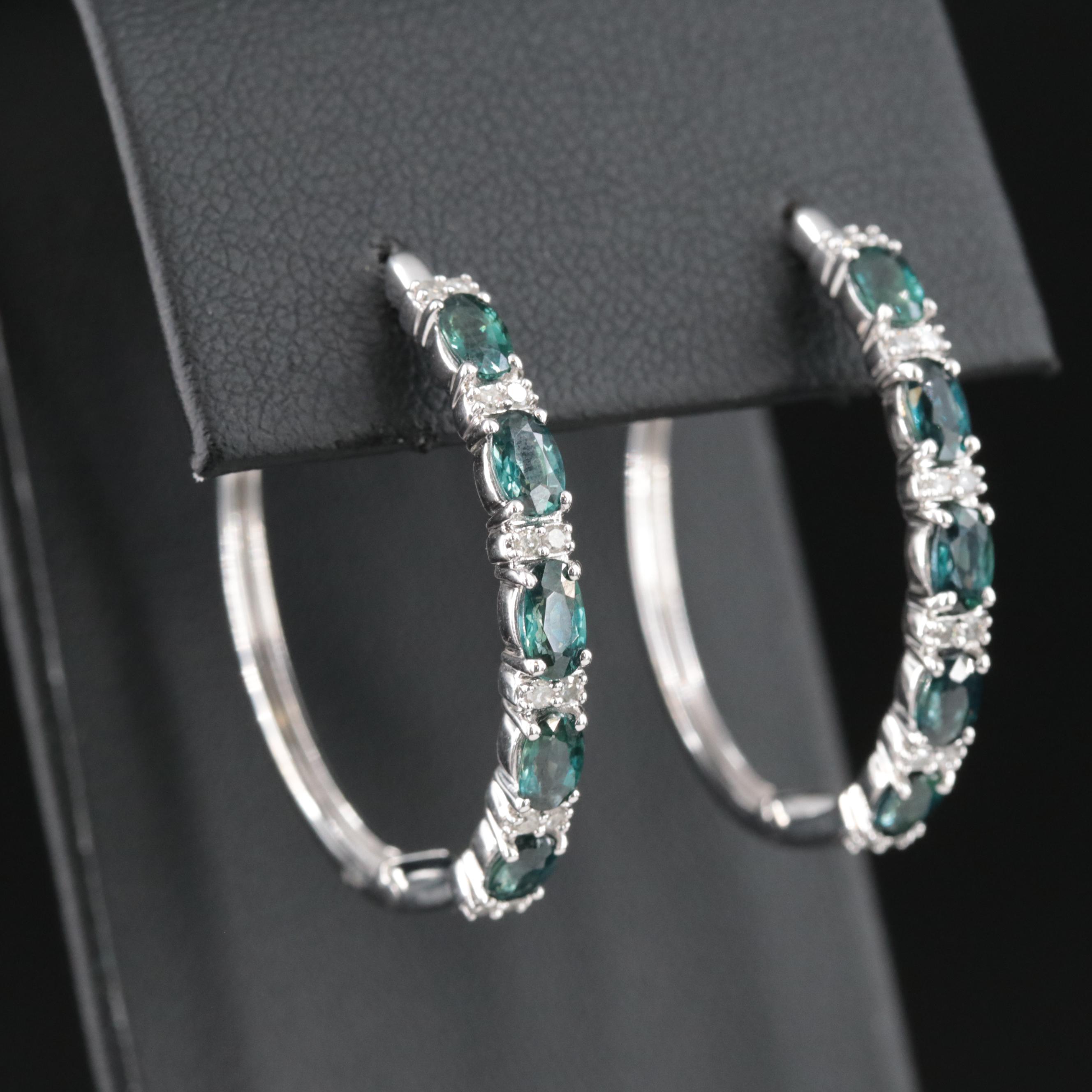 10K Sapphire and Diamond Hoop Earrings
