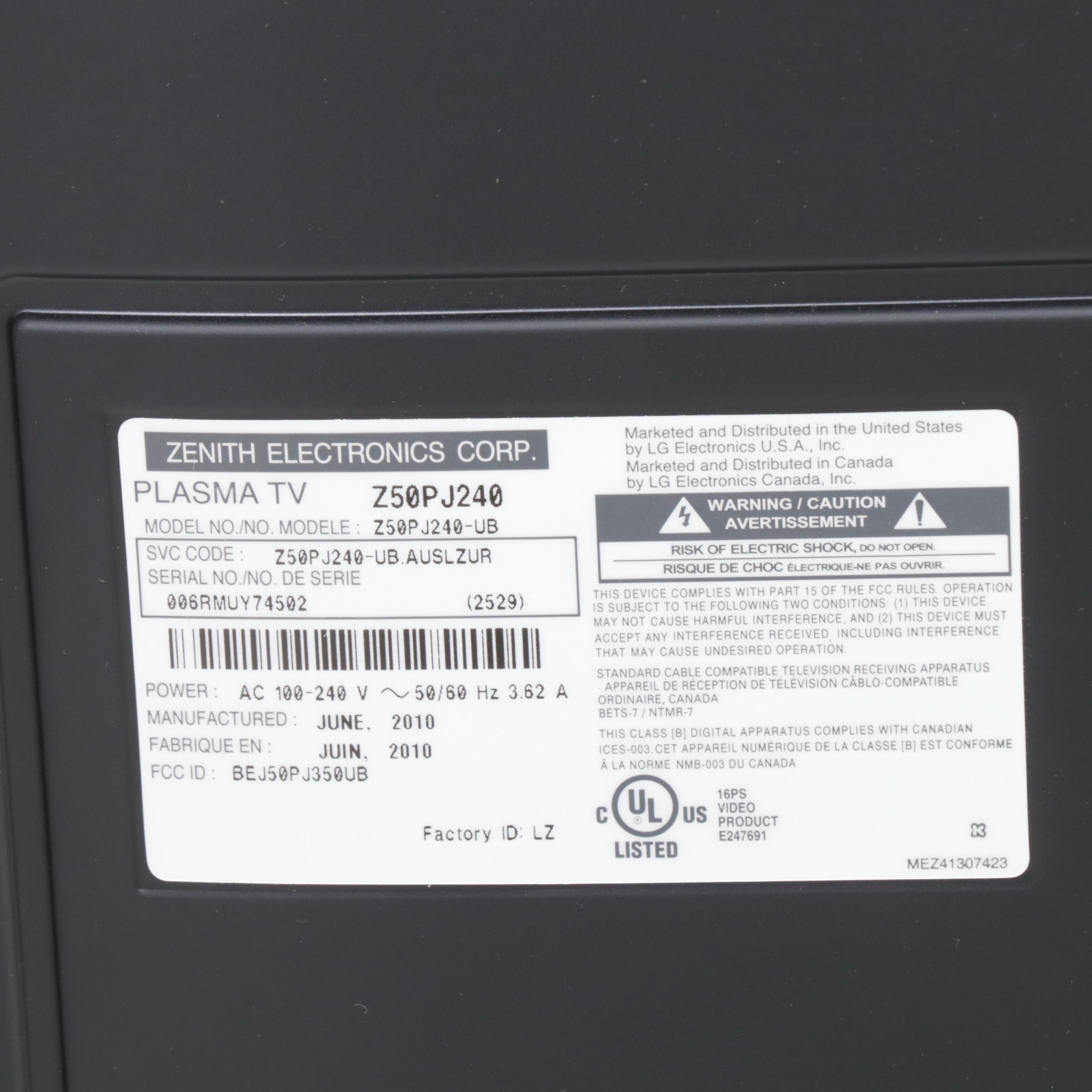 Zenith Electronics 50" Plasma Television With Remote