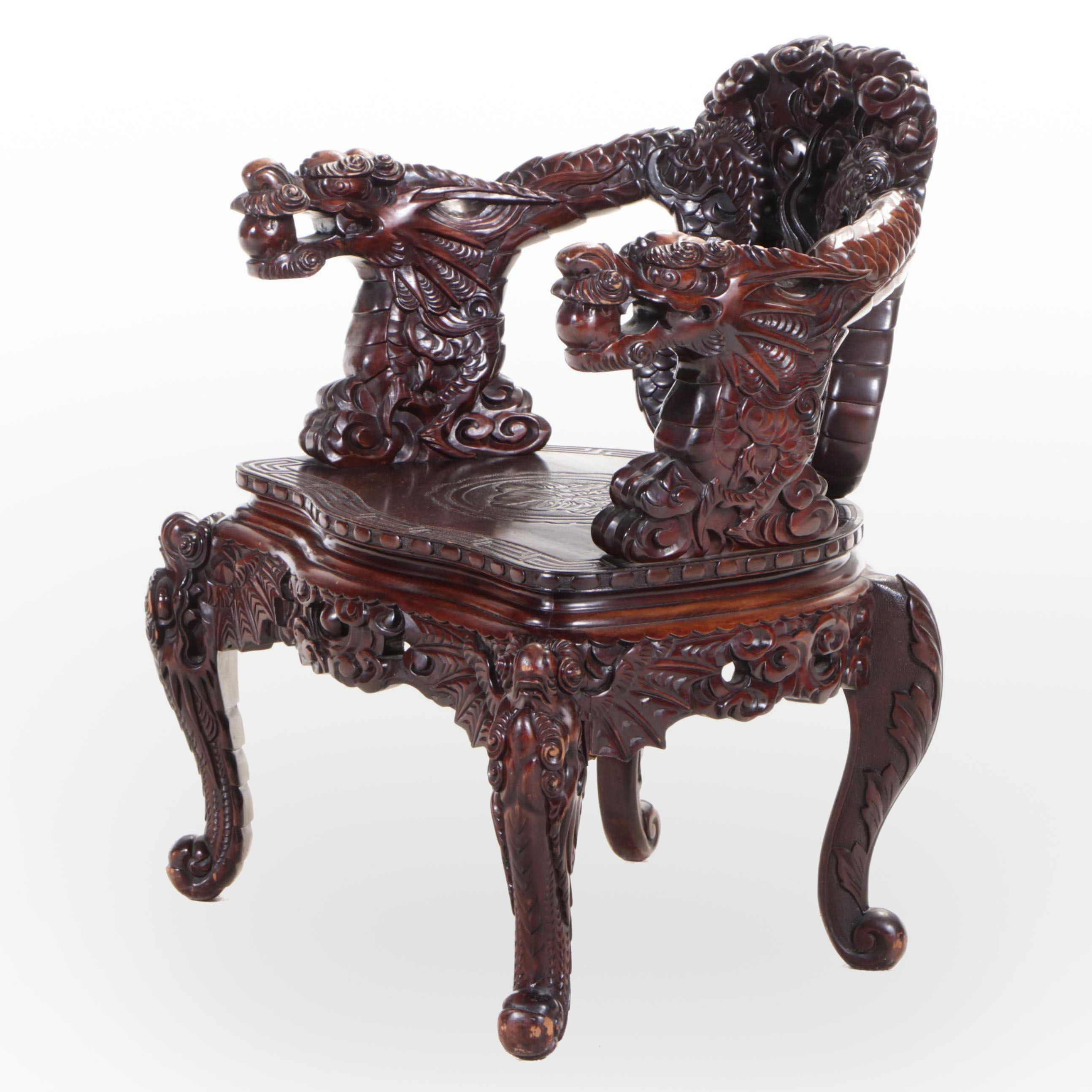 Chinese Carved Hardwood Dragon Throne Chair