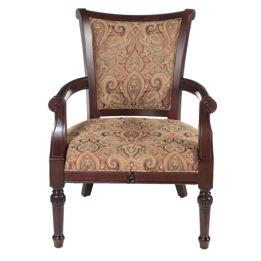 Contemporary Walnut-Finish and Upholstered Armchair