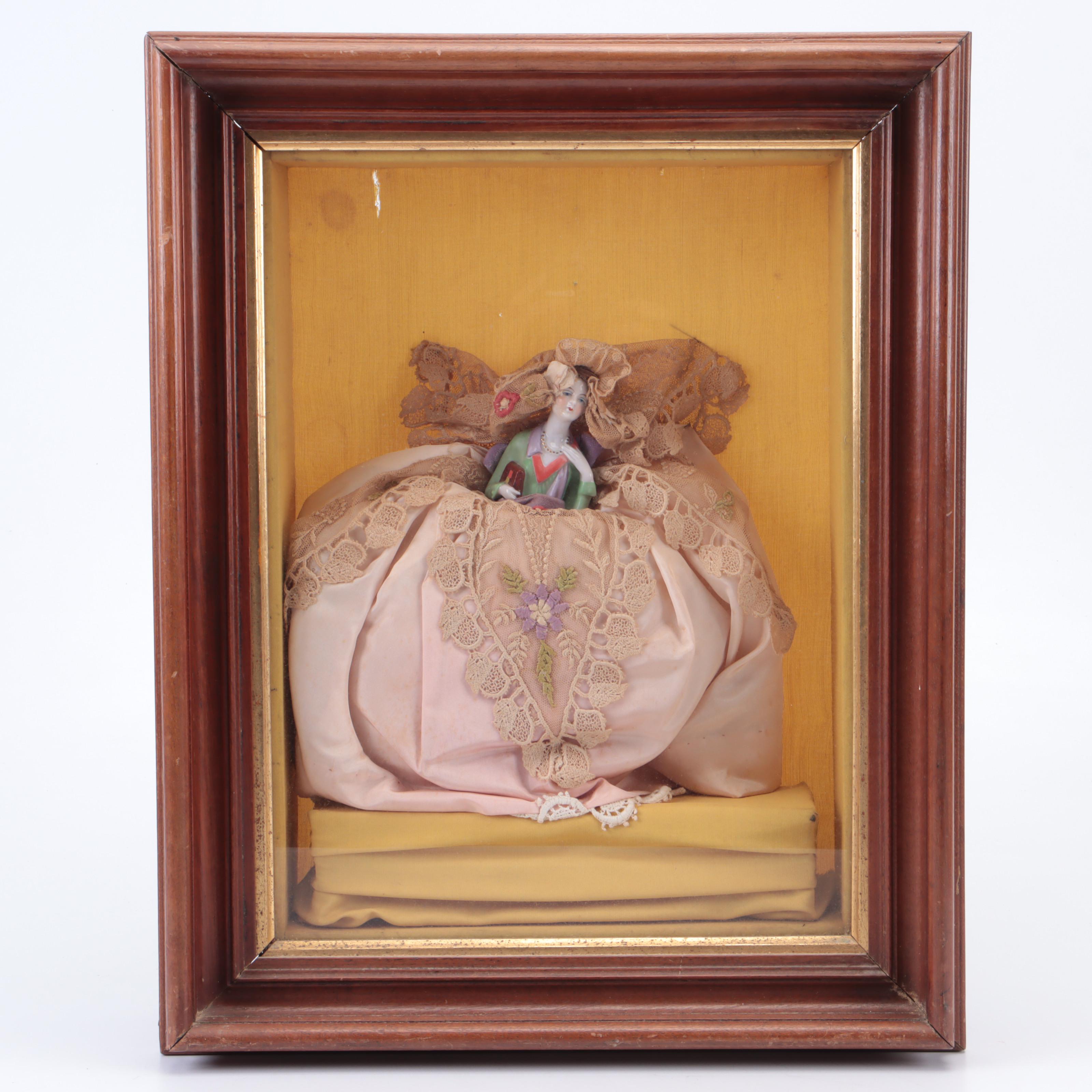 German Porcelain Half Doll in Shadow Box, Early 20th Century