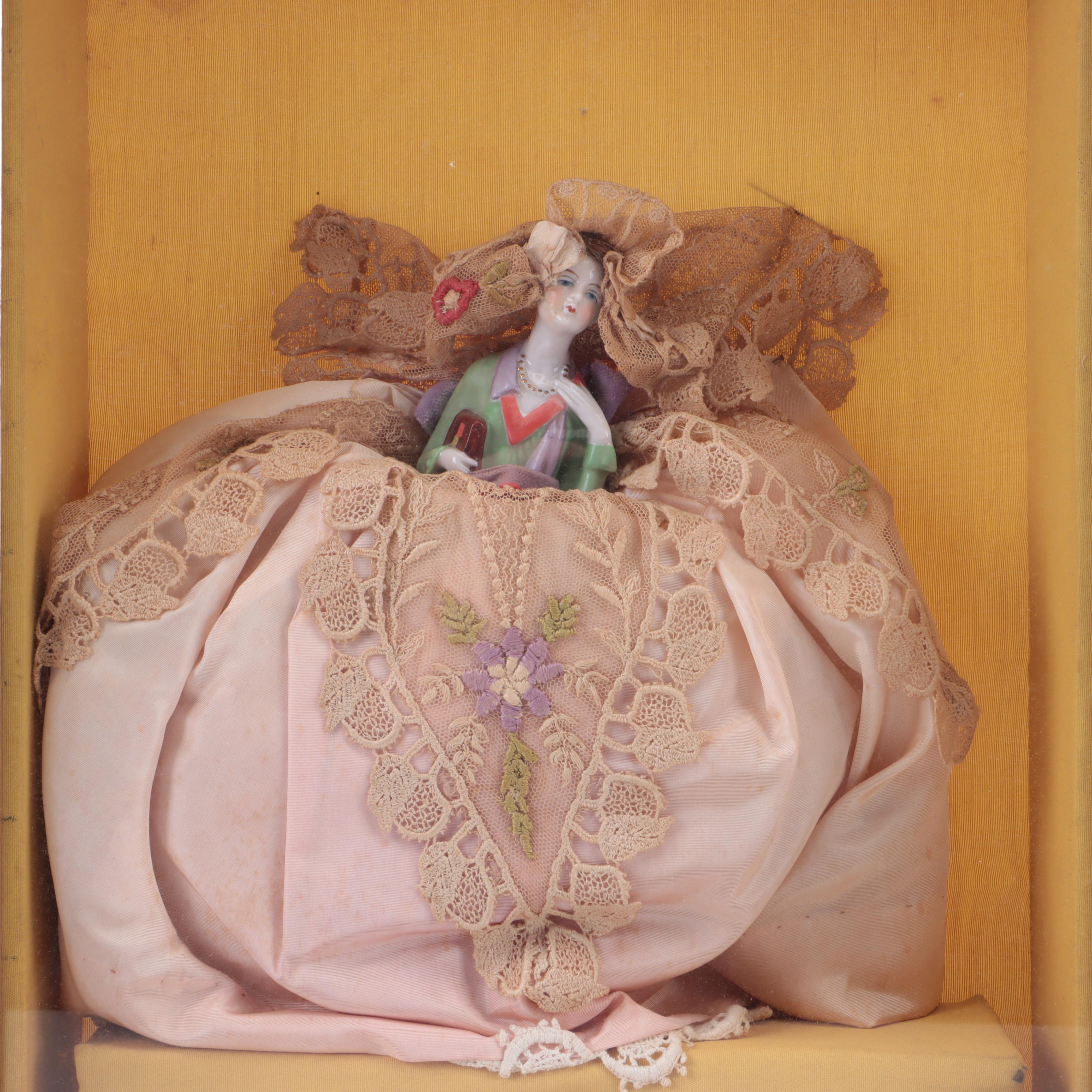 German Porcelain Half Doll in Shadow Box, Early 20th Century