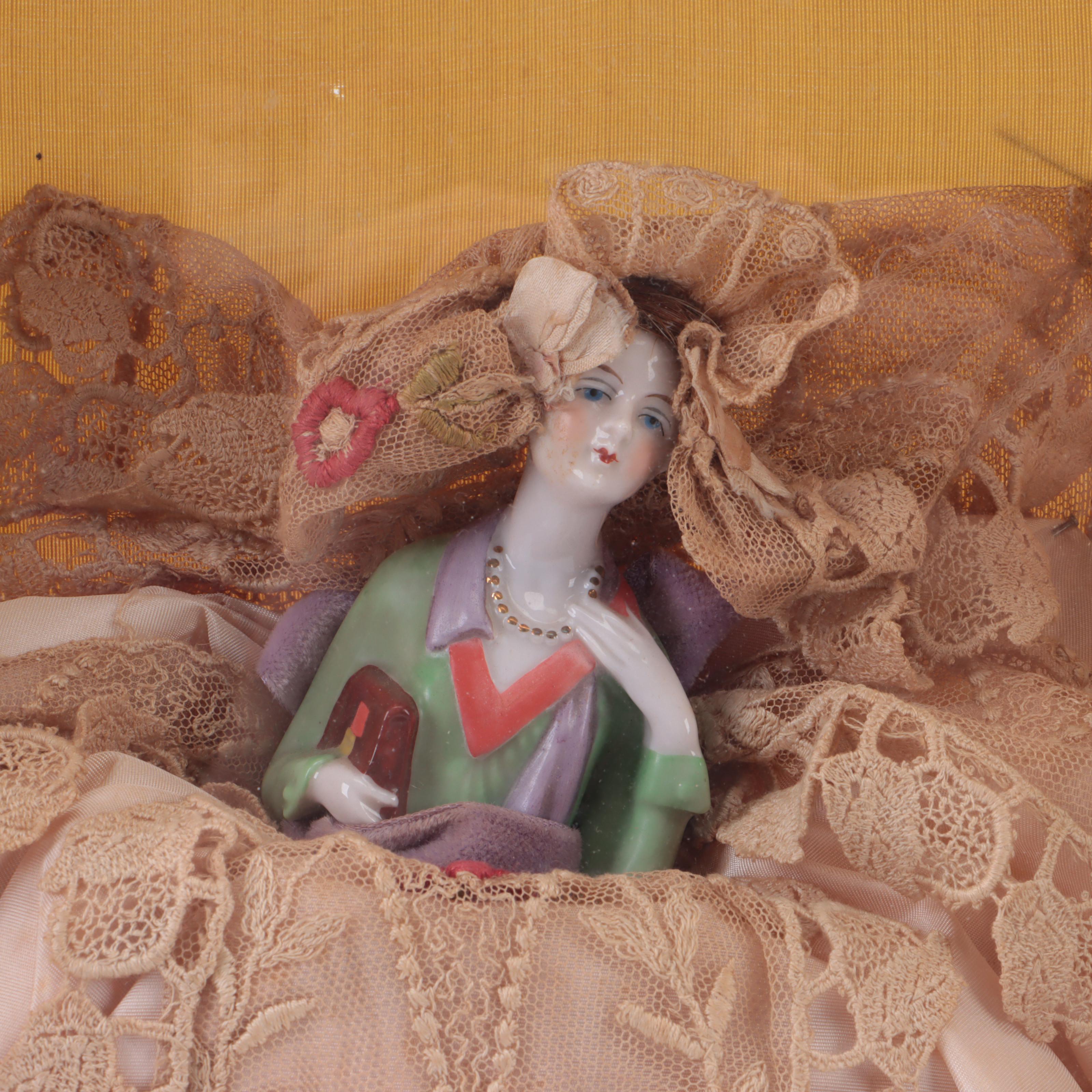 German Porcelain Half Doll in Shadow Box, Early 20th Century
