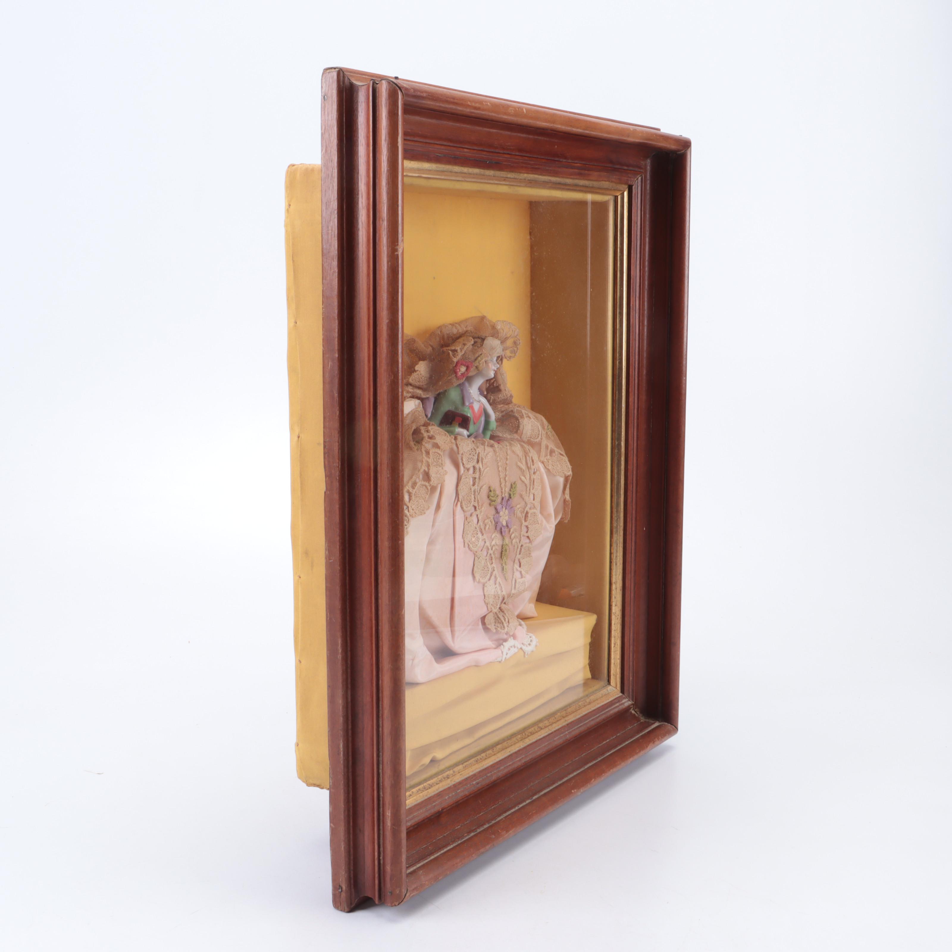 German Porcelain Half Doll in Shadow Box, Early 20th Century