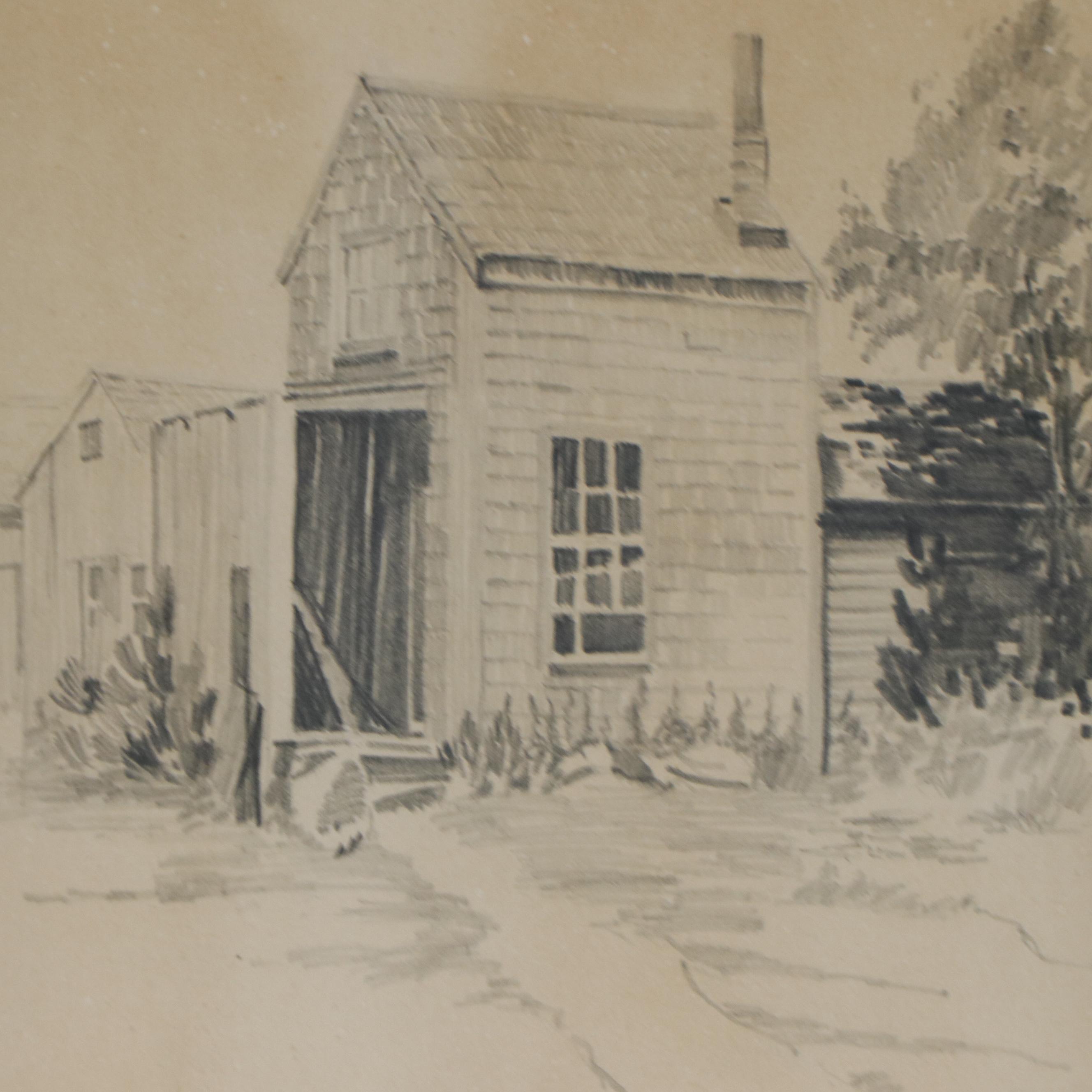 Hazel Wiswall Graphite Drawing of Outbuildings and Tree, 1925
