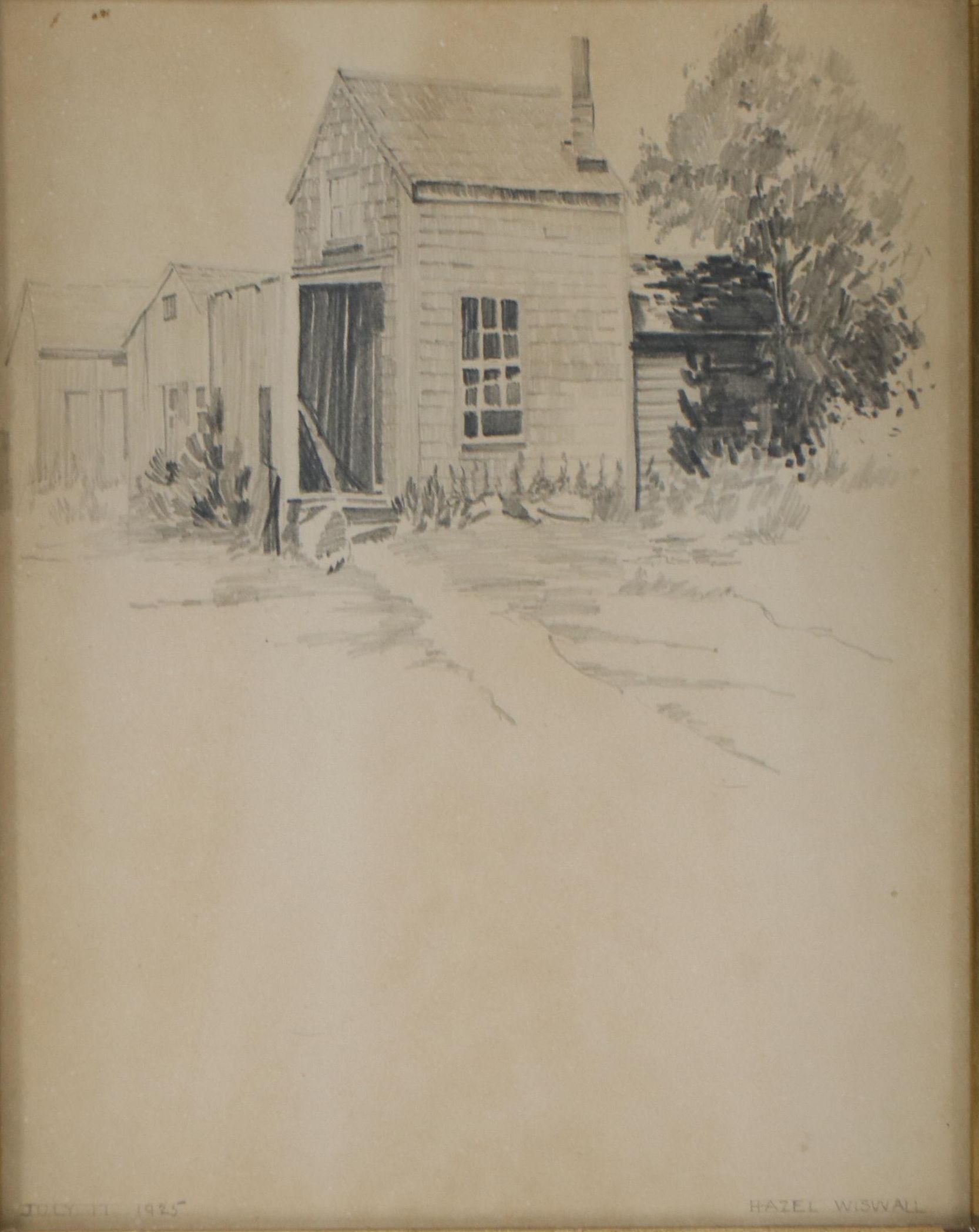 Hazel Wiswall Graphite Drawing of Outbuildings and Tree, 1925