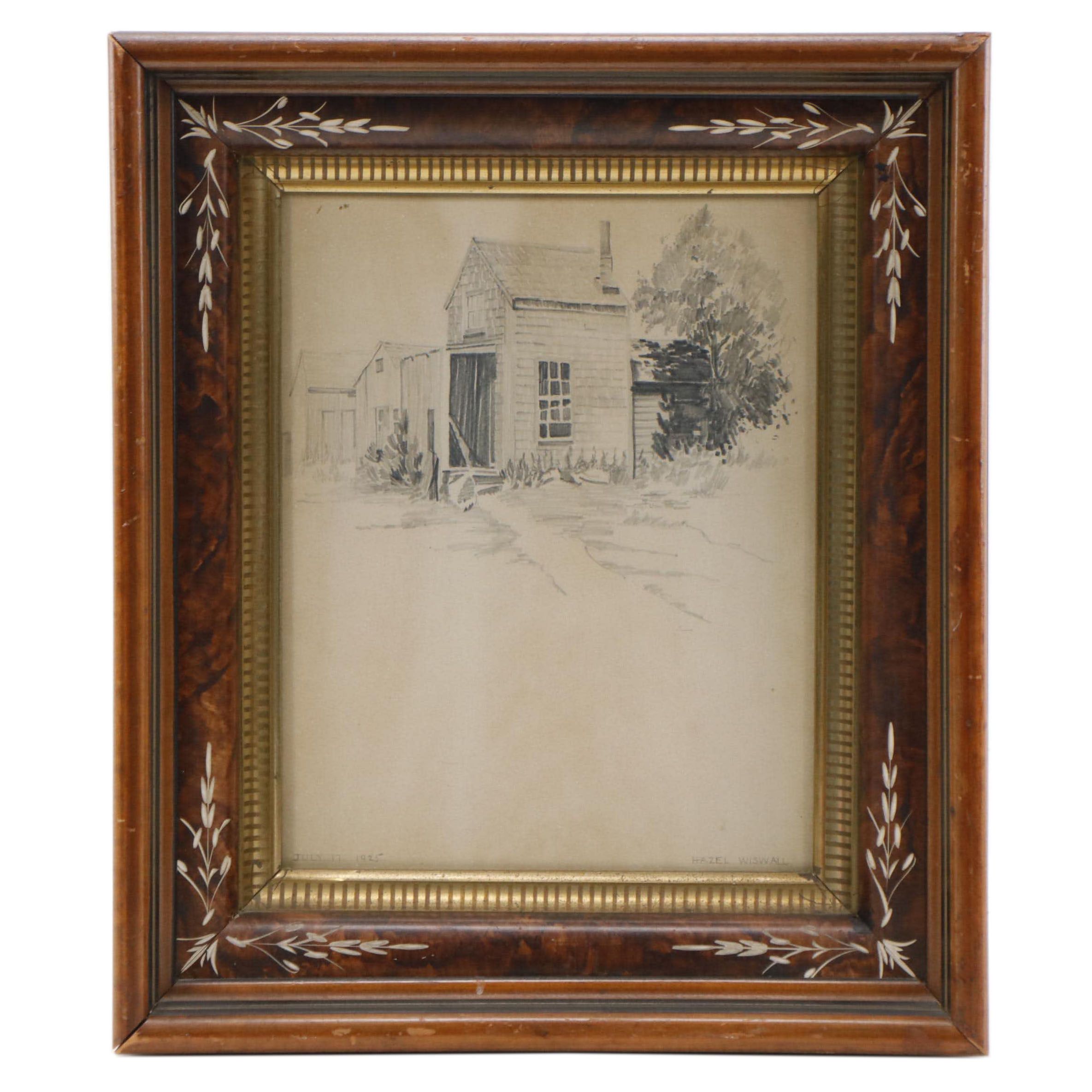 Hazel Wiswall Graphite Drawing of Outbuildings and Tree, 1925