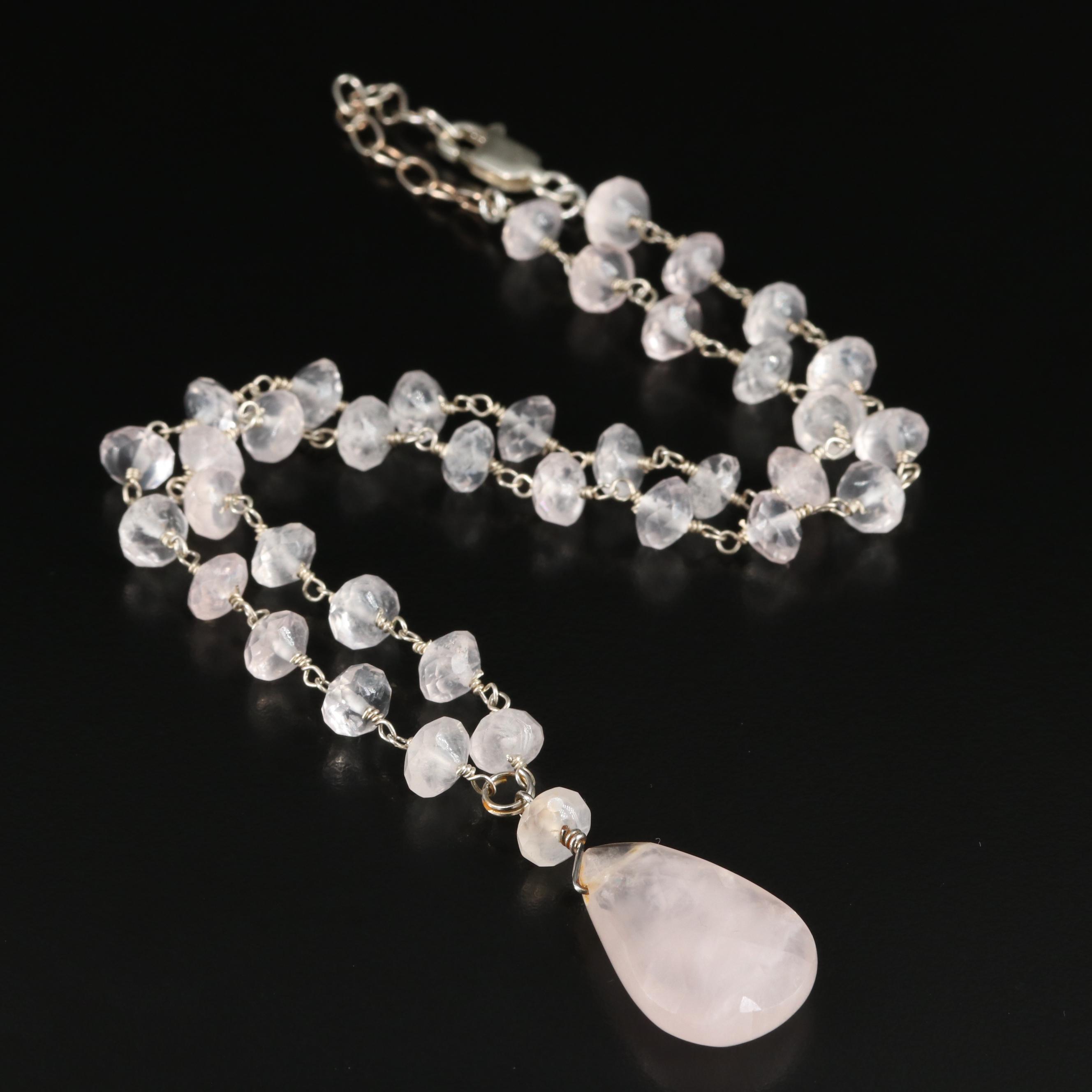 Sterling Rose Quartz Drop Necklace