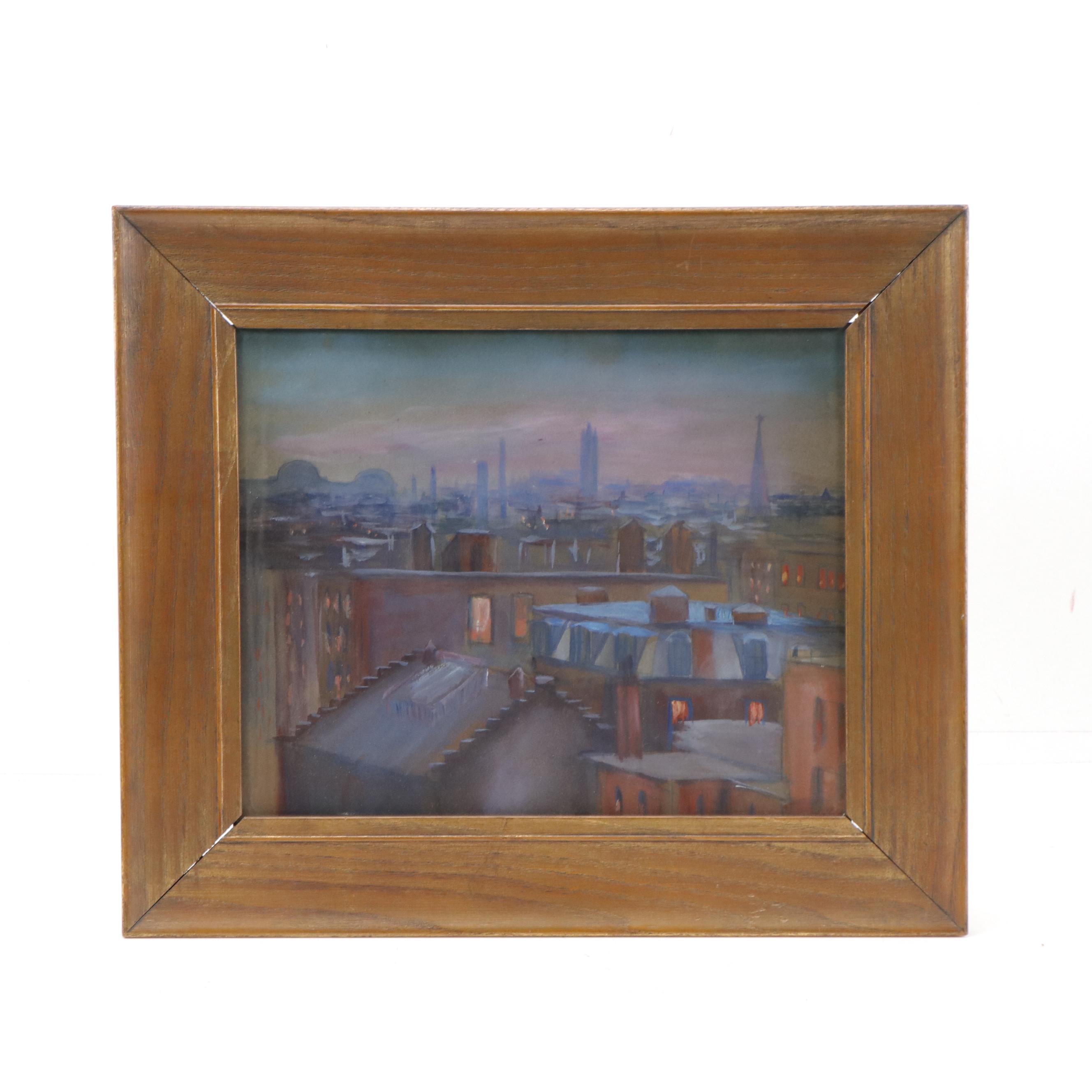 Gouache Painting of Cityscape at Dusk