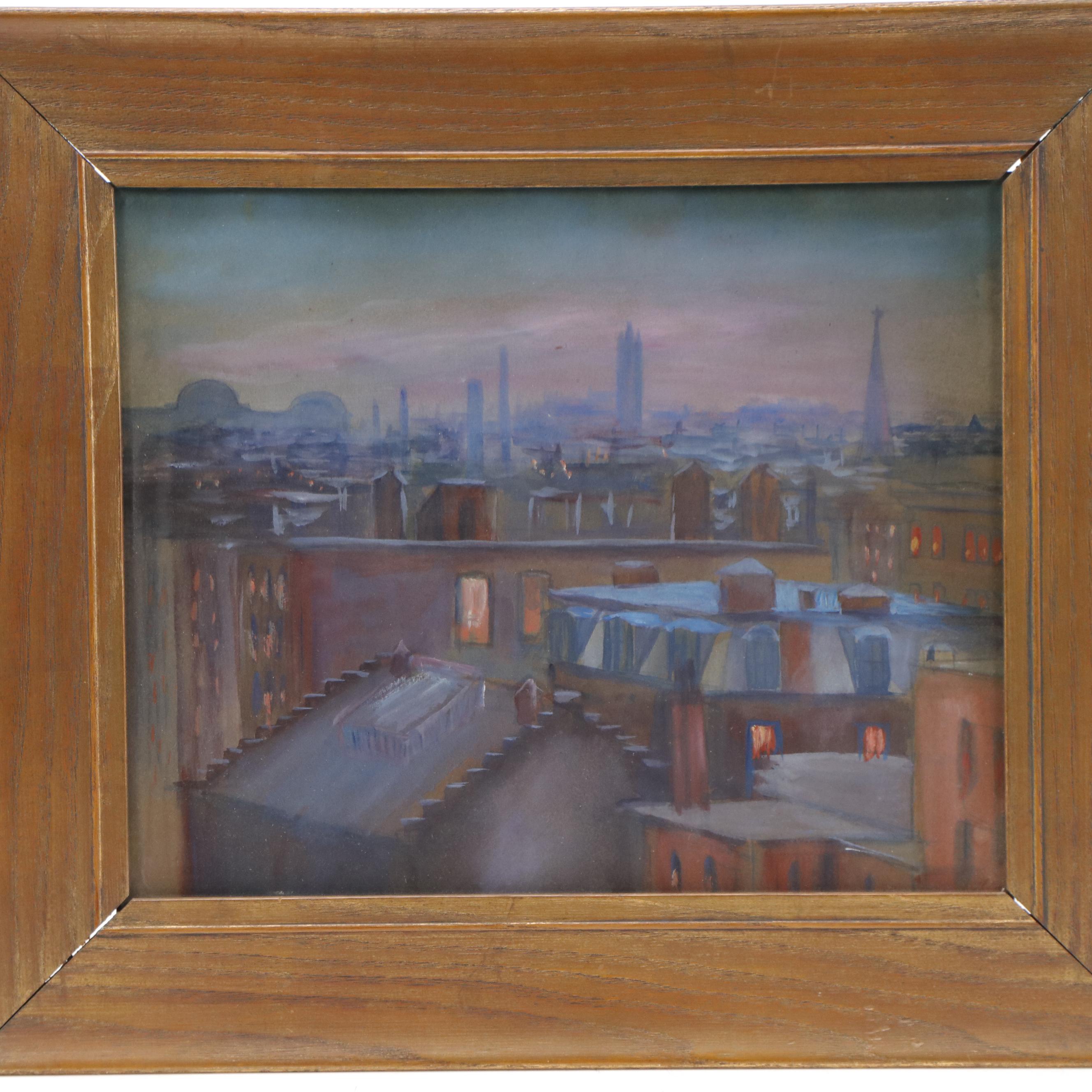 Gouache Painting of Cityscape at Dusk