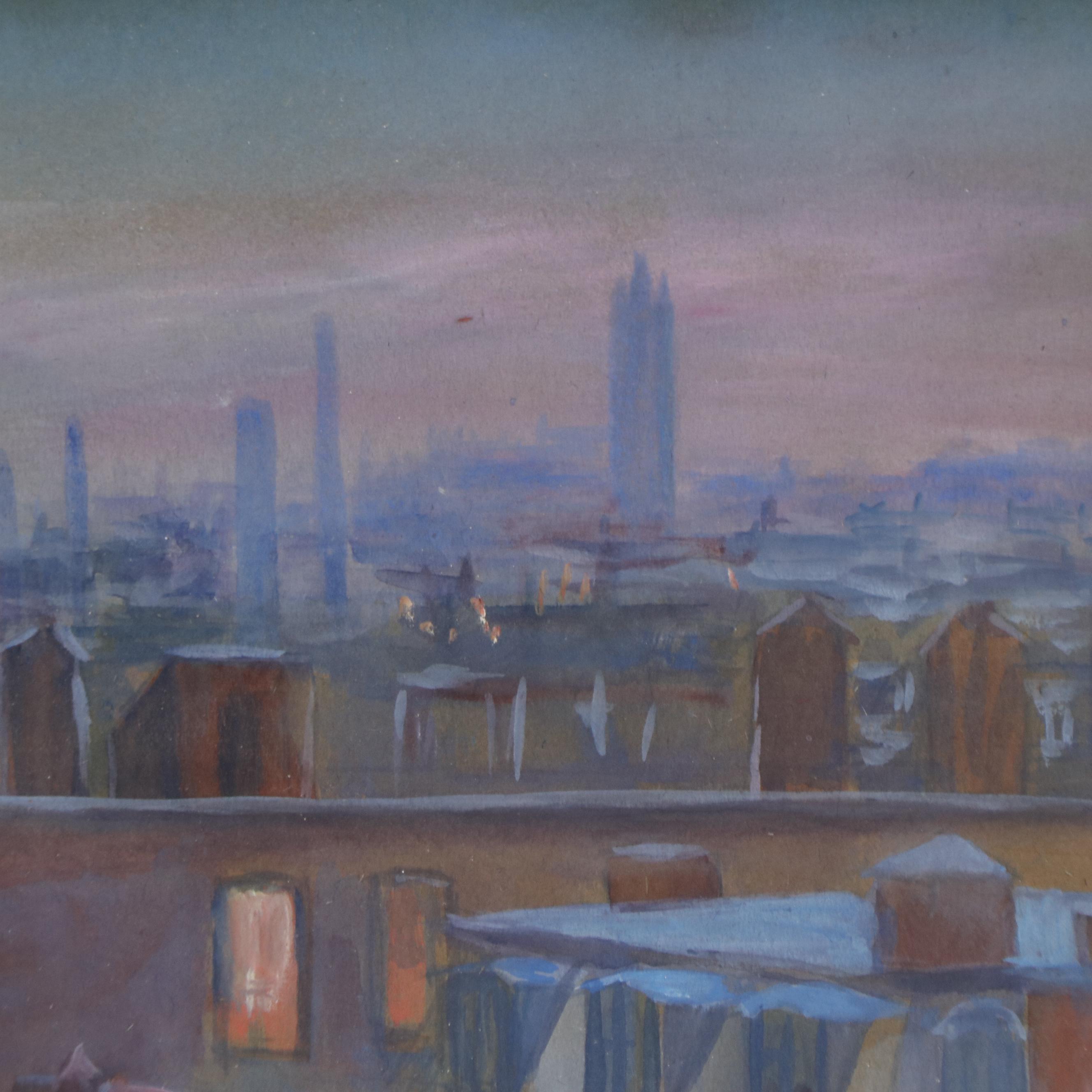Gouache Painting of Cityscape at Dusk