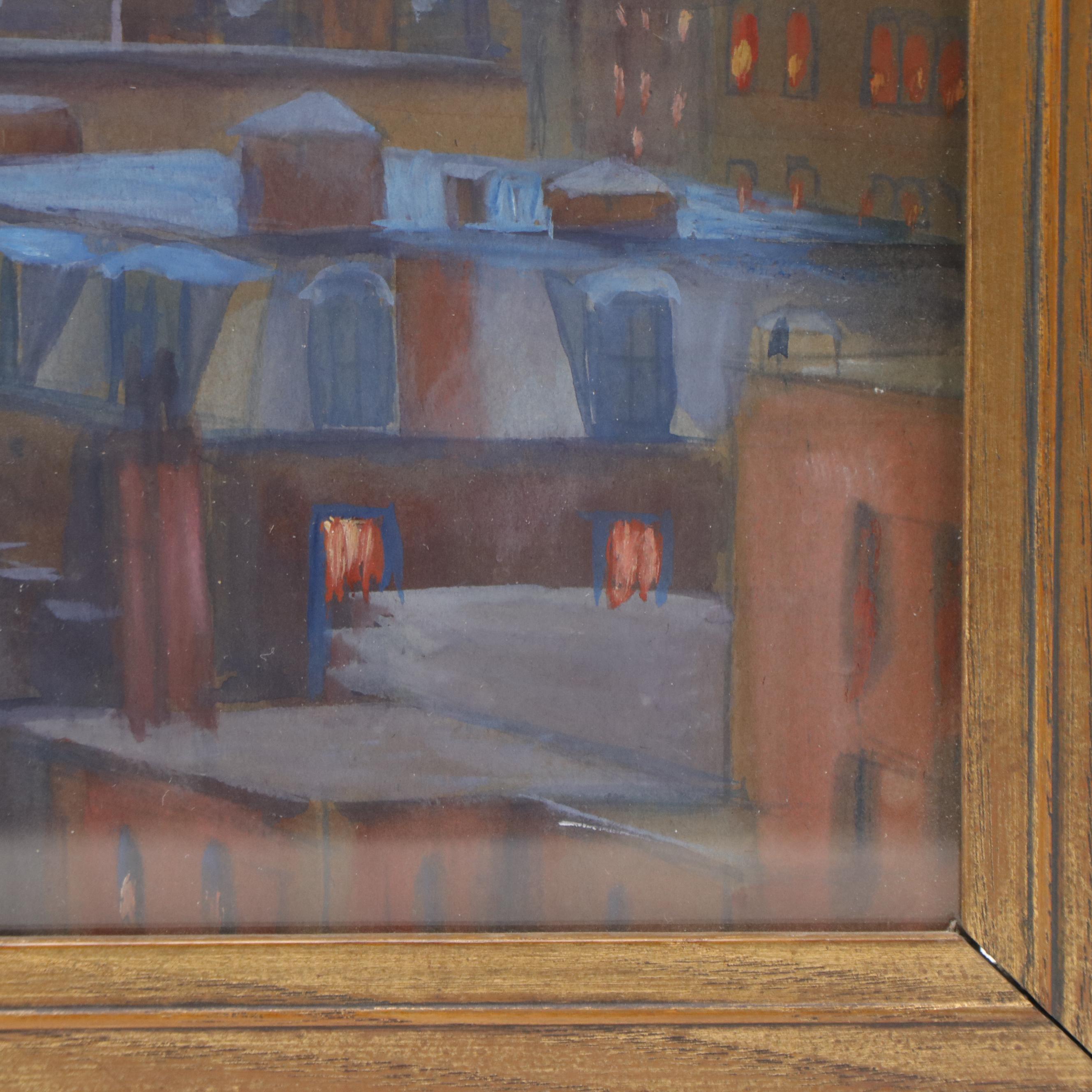 Gouache Painting of Cityscape at Dusk