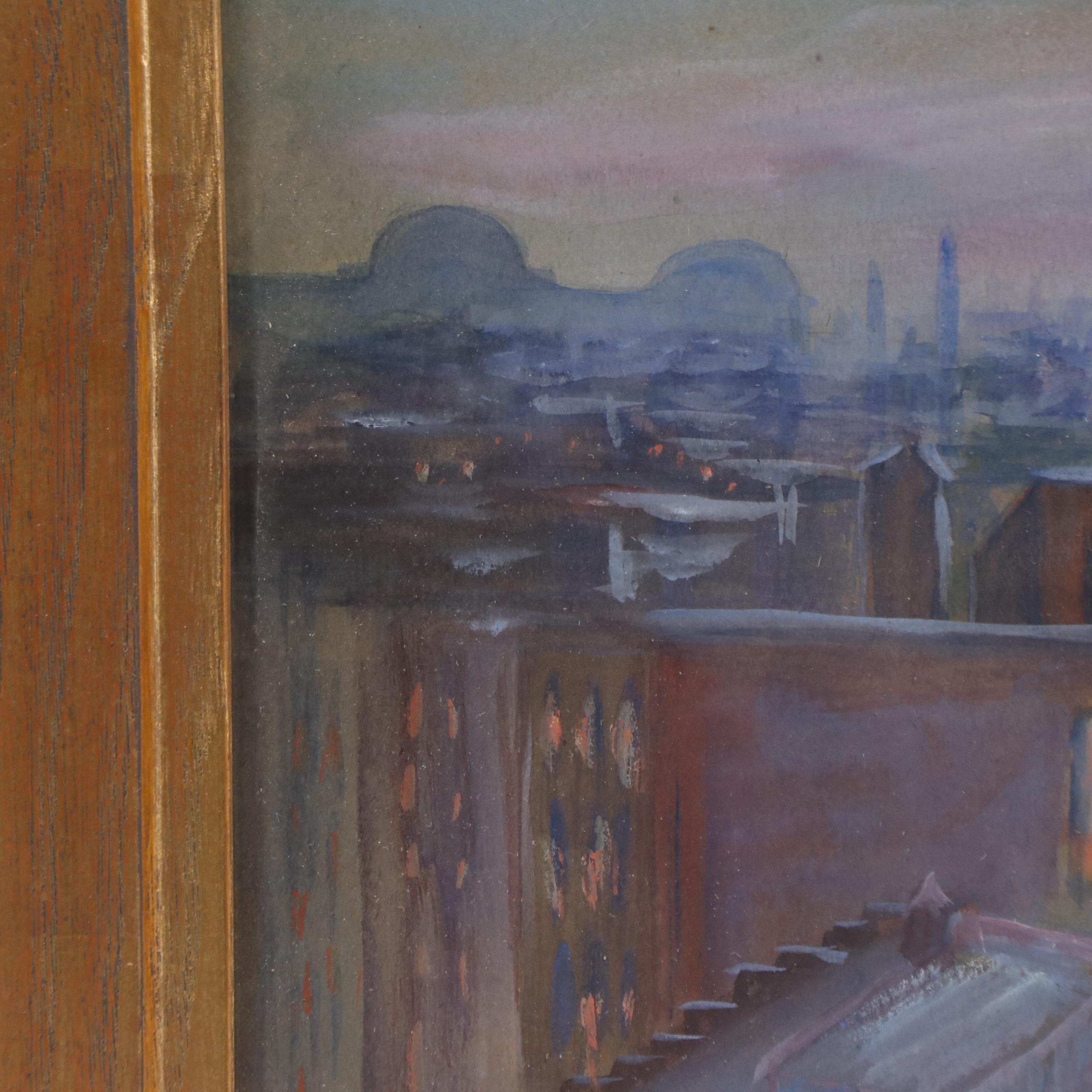 Gouache Painting of Cityscape at Dusk