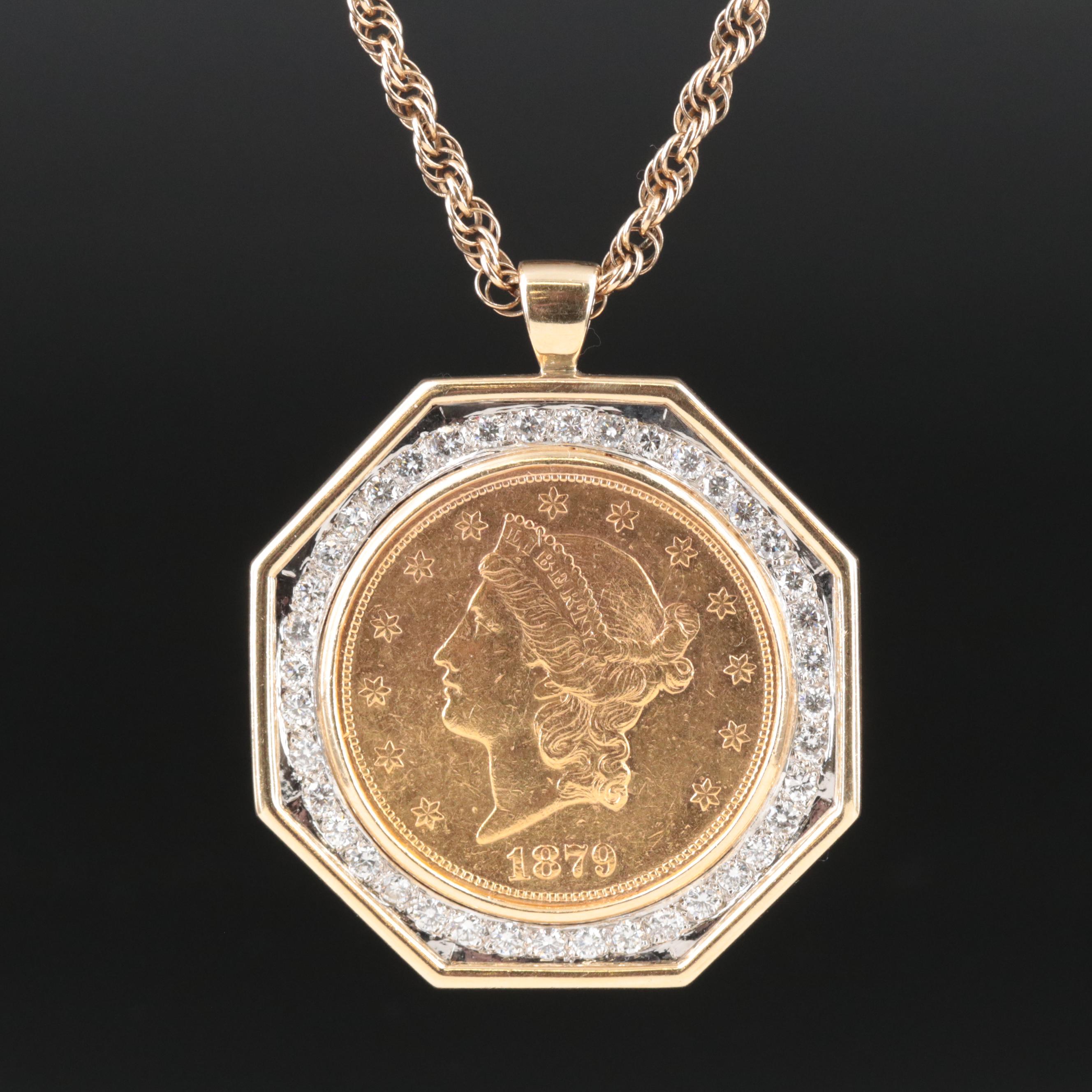 1879-S Liberty Head Gold Coin  2.40 CTW Diamond Pendant Necklace
