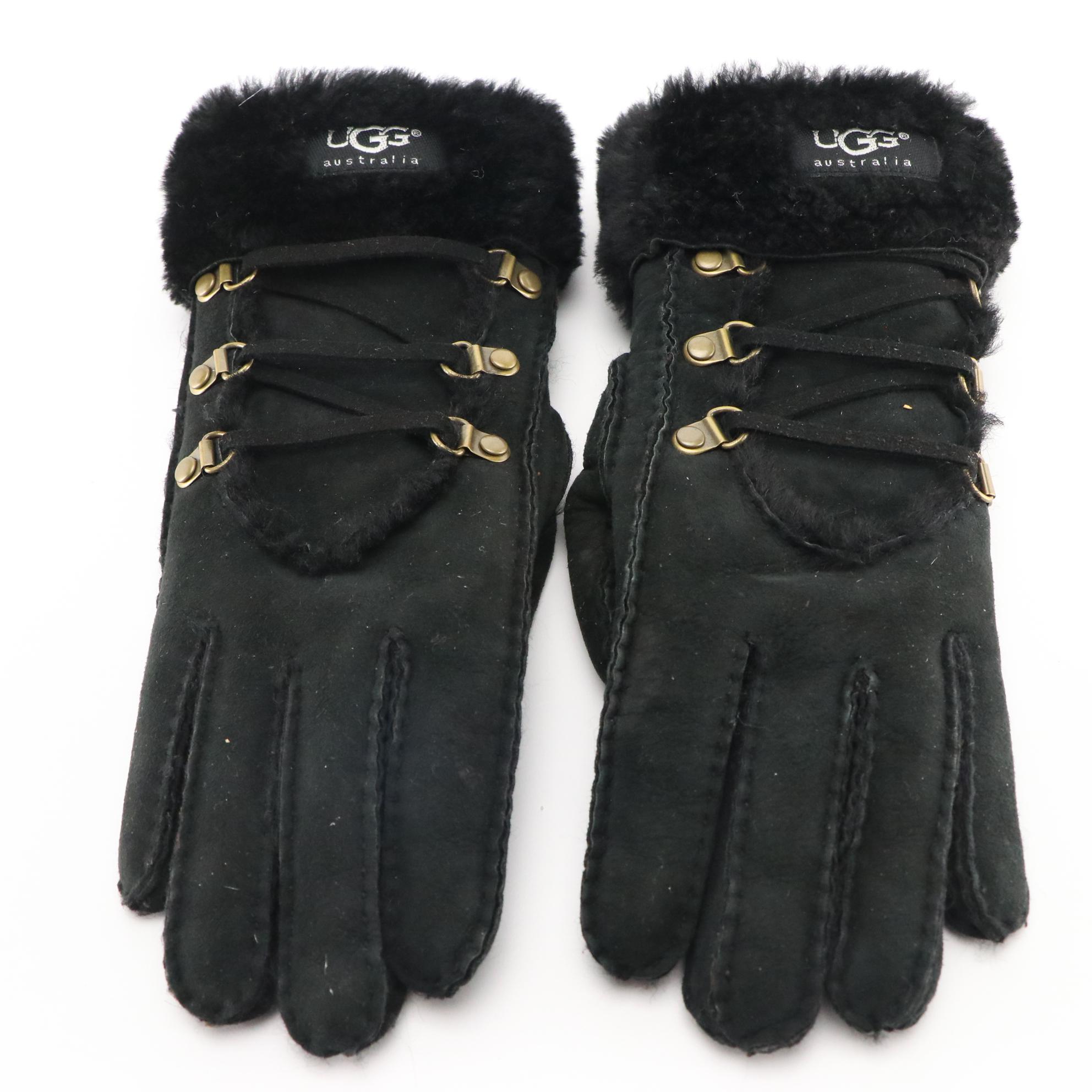 UGG Black Suede and Shearling Lace-Up Gloves