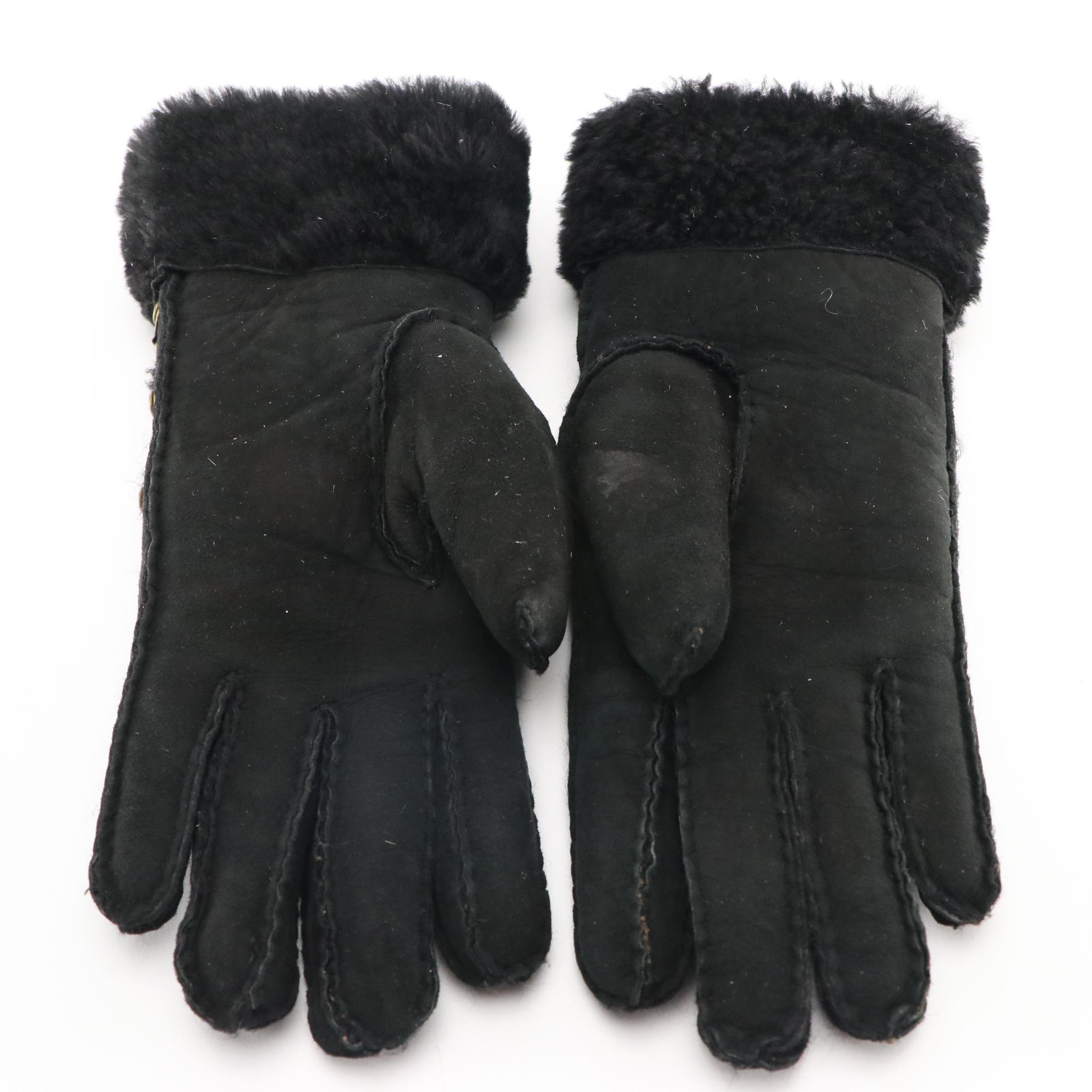 UGG Black Suede and Shearling Lace-Up Gloves