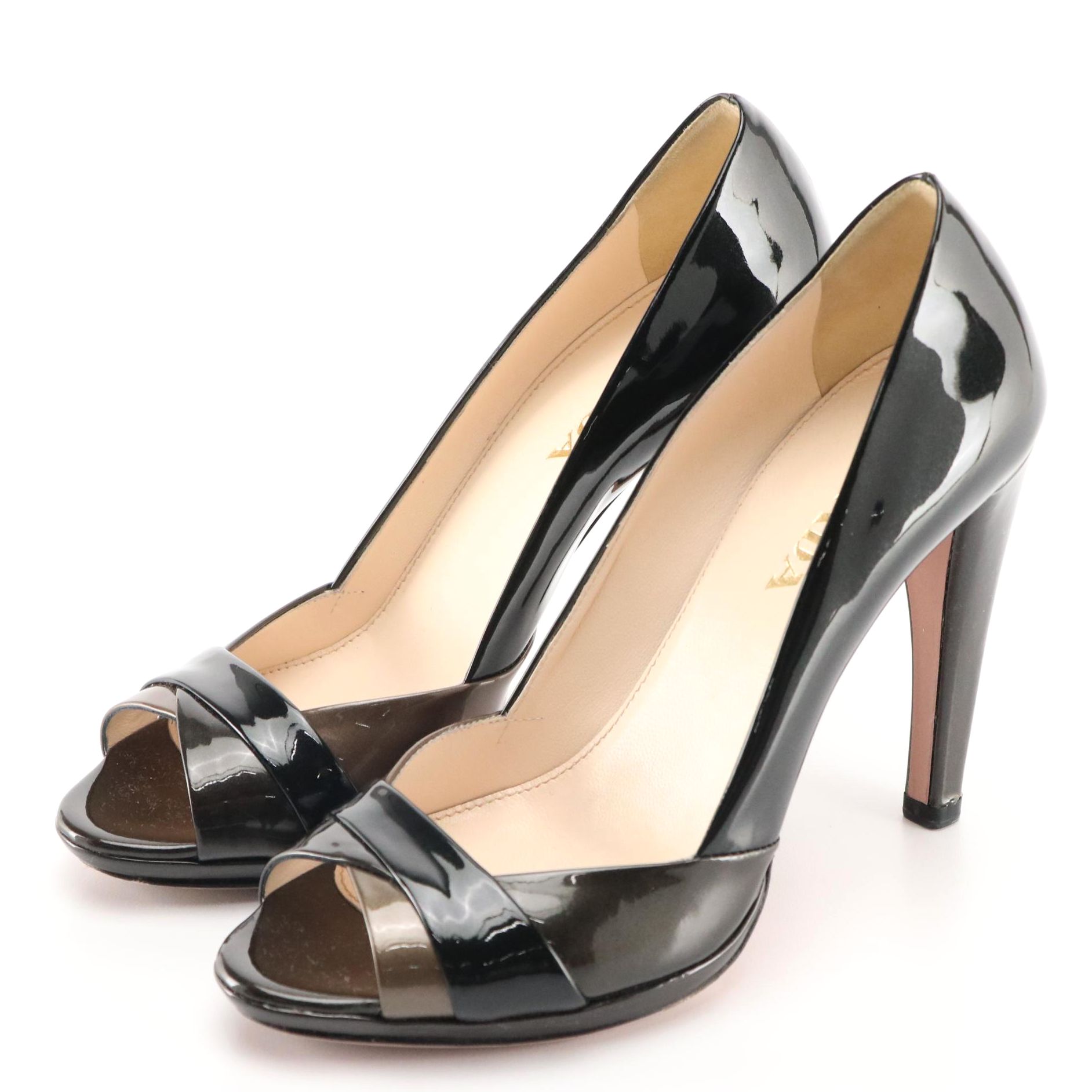 Prada Graphite Vernice Metal Leather Peep Toe Pumps in Box Size 36