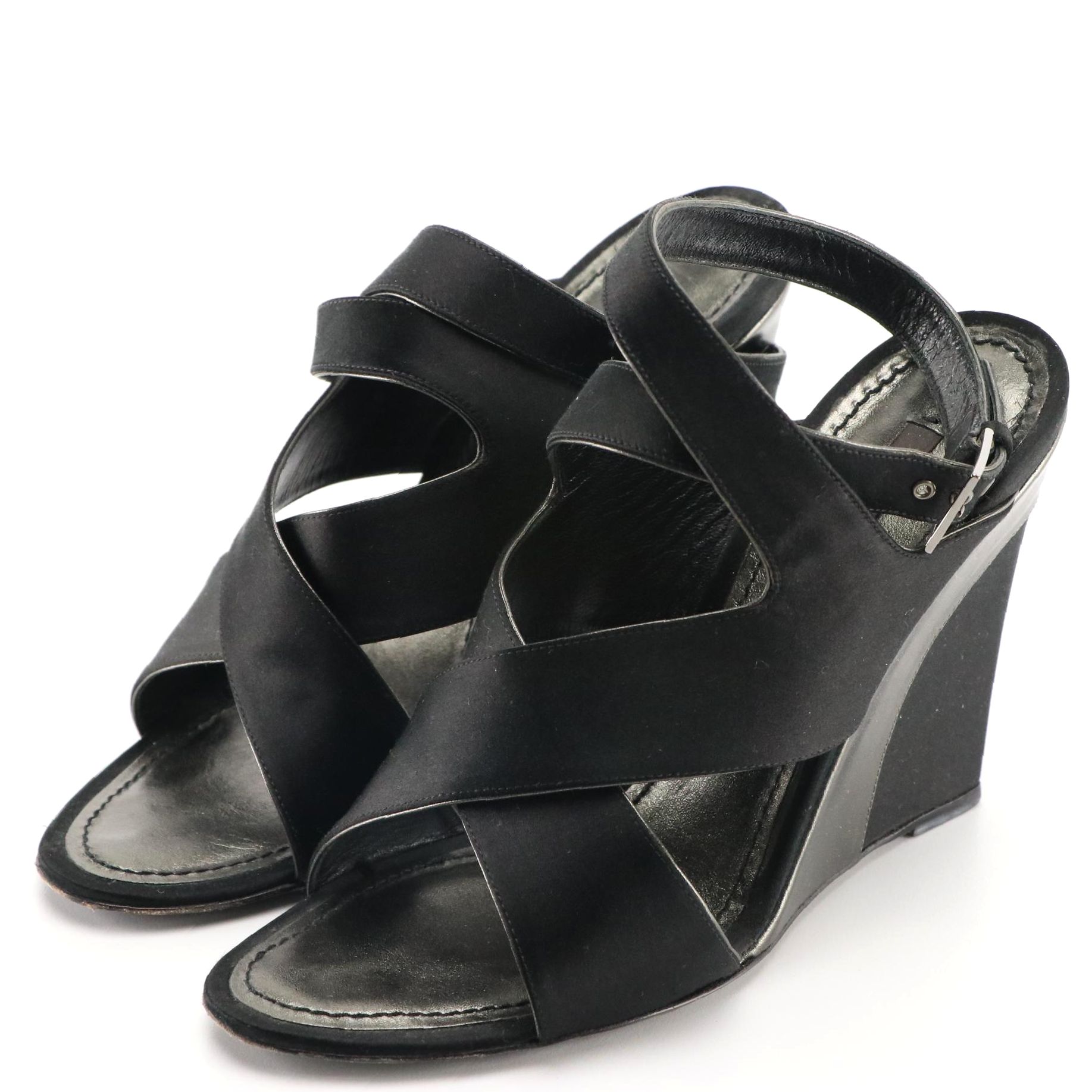 Louis Vuitton Satin Cross Strap Peep-Toe Slingback Wedges