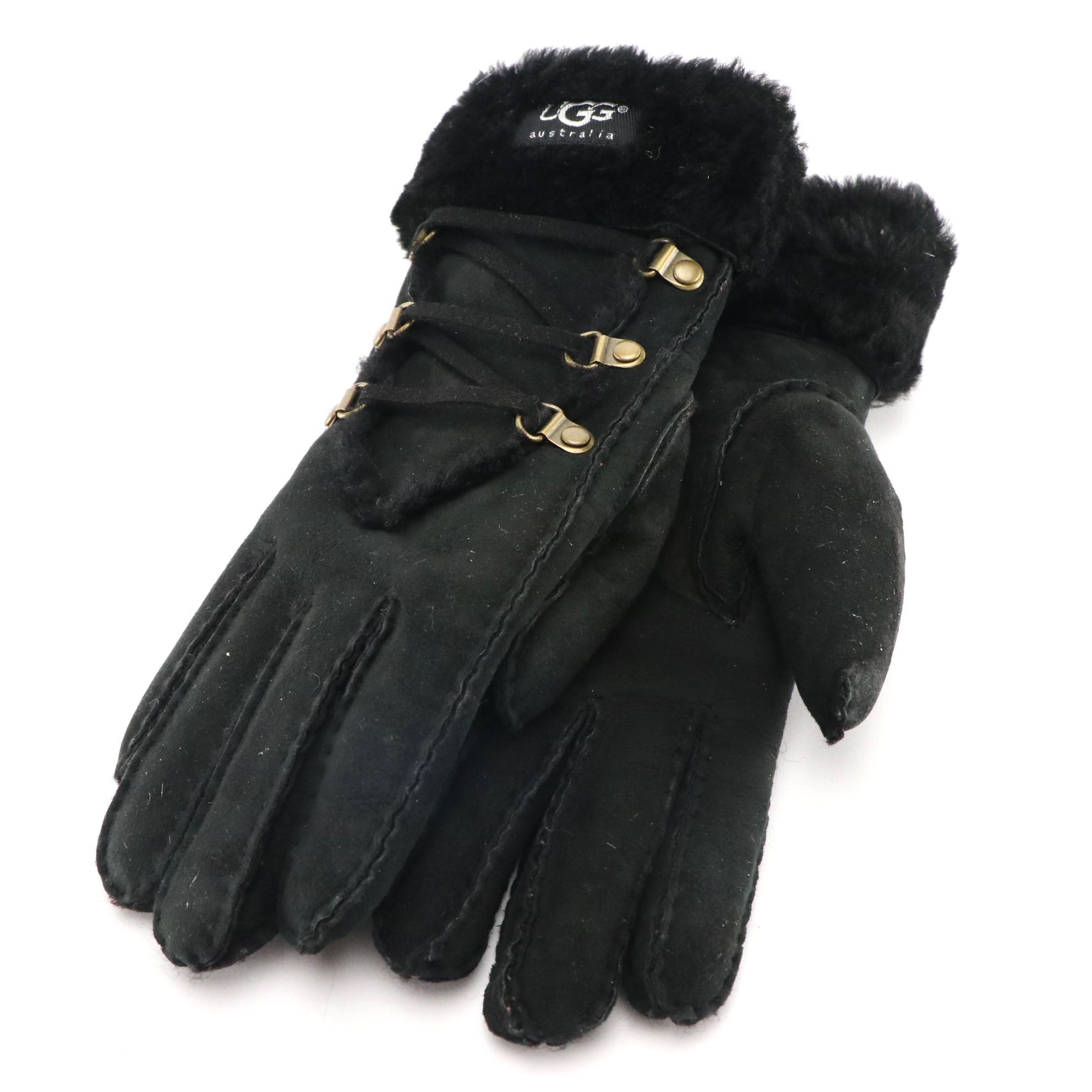 UGG Black Suede and Shearling Lace-Up Gloves