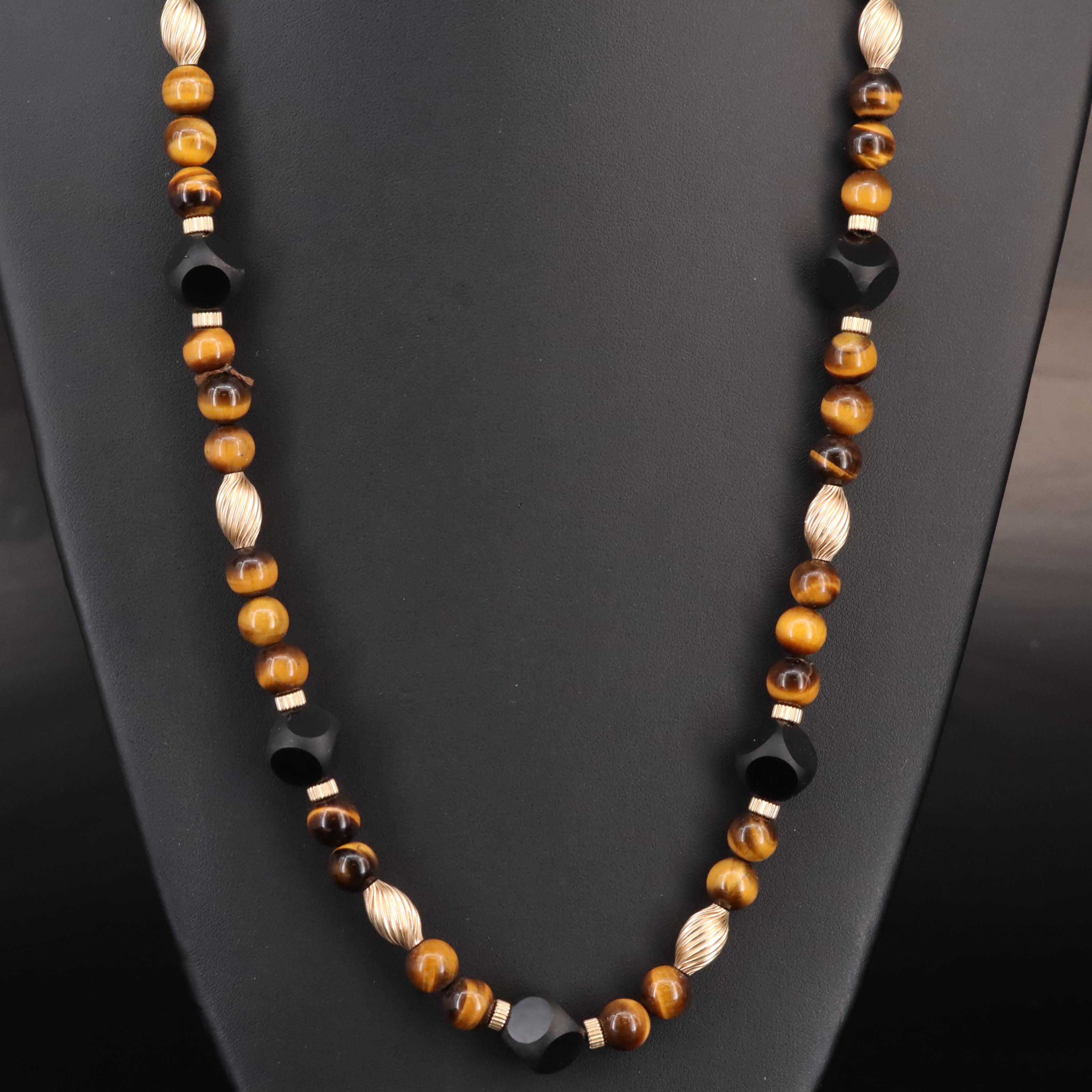 Tiger's Eye and Black Onyx Beaded Necklace