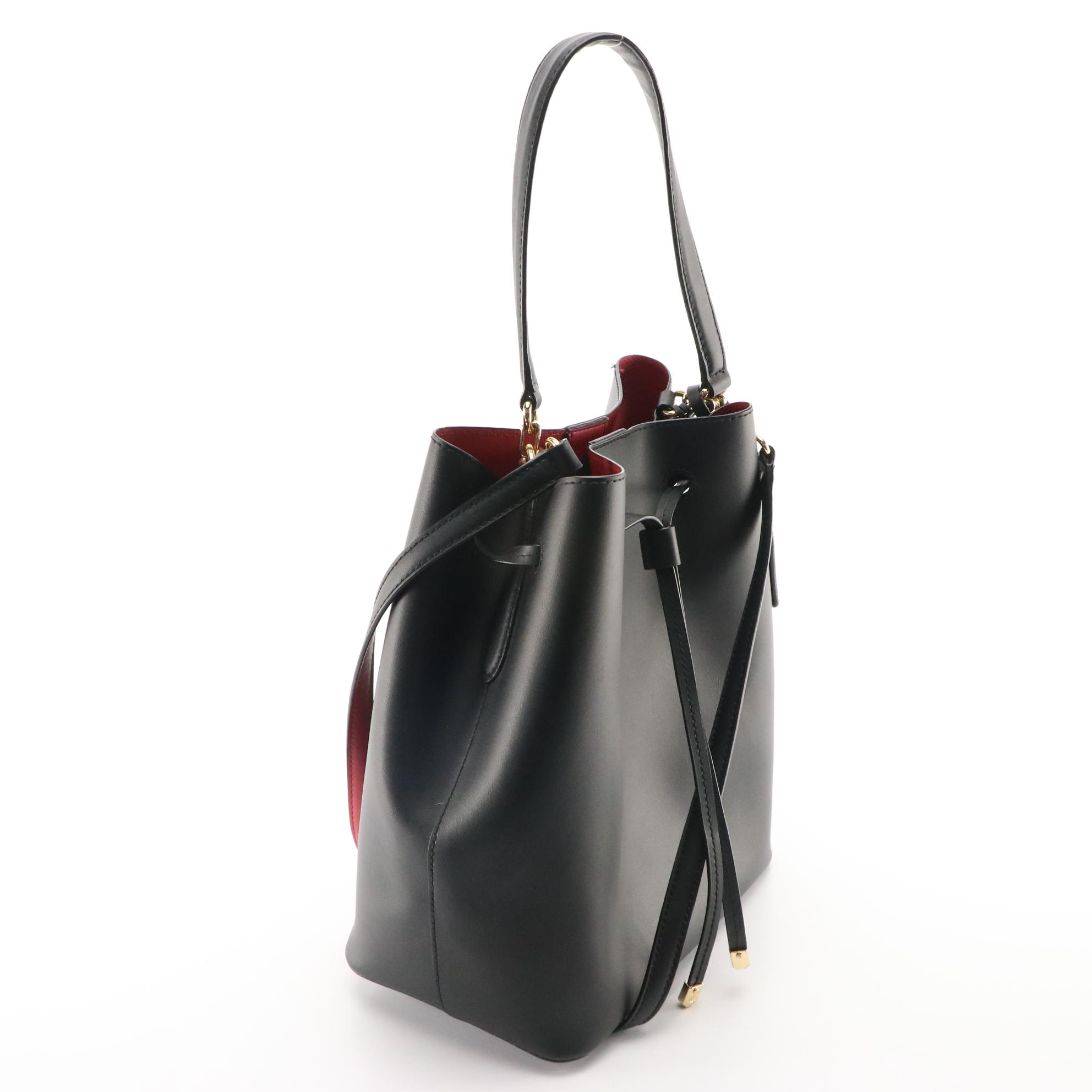 Lauren Ralph Lauren Dryden Debby Bucket Bag in Black and Red Smooth Leather