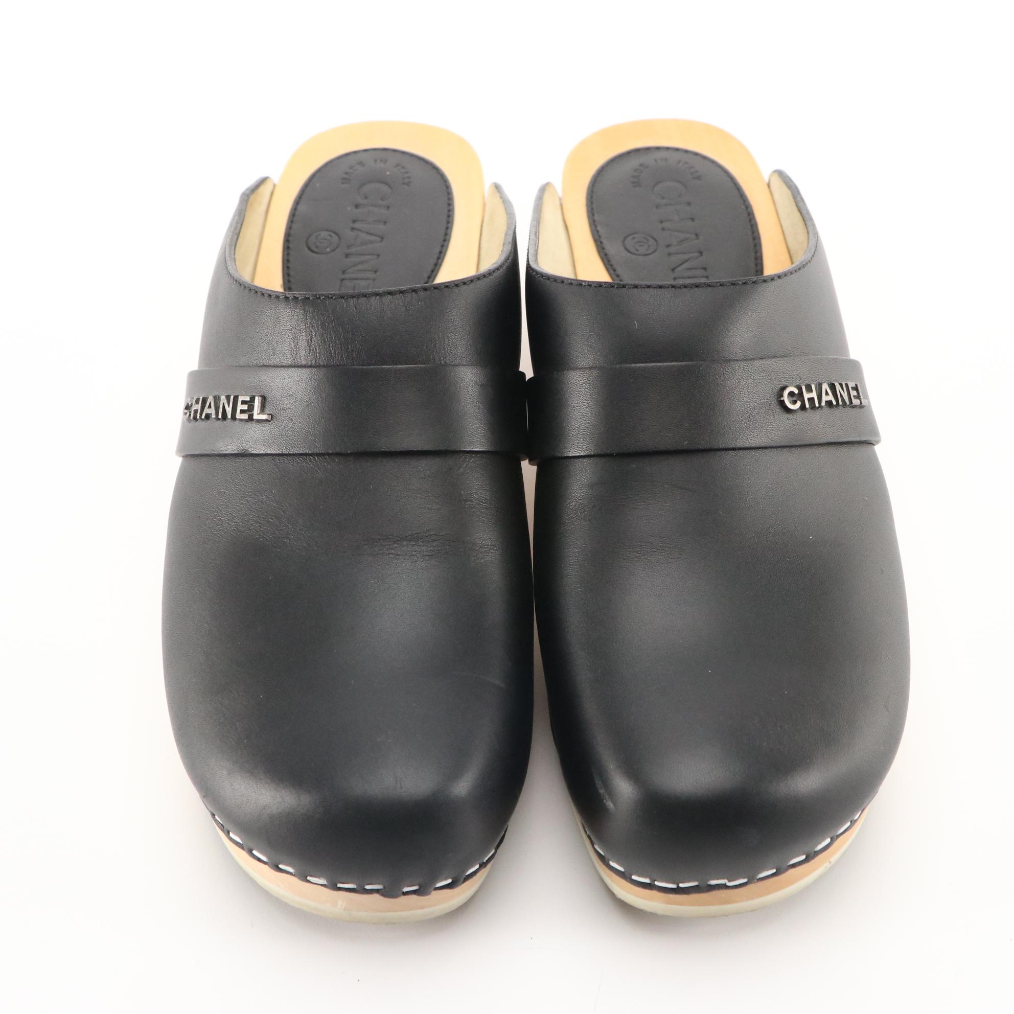 Chanel Black Lambskin Leather Wooden Clogs with White Contrast Stitching