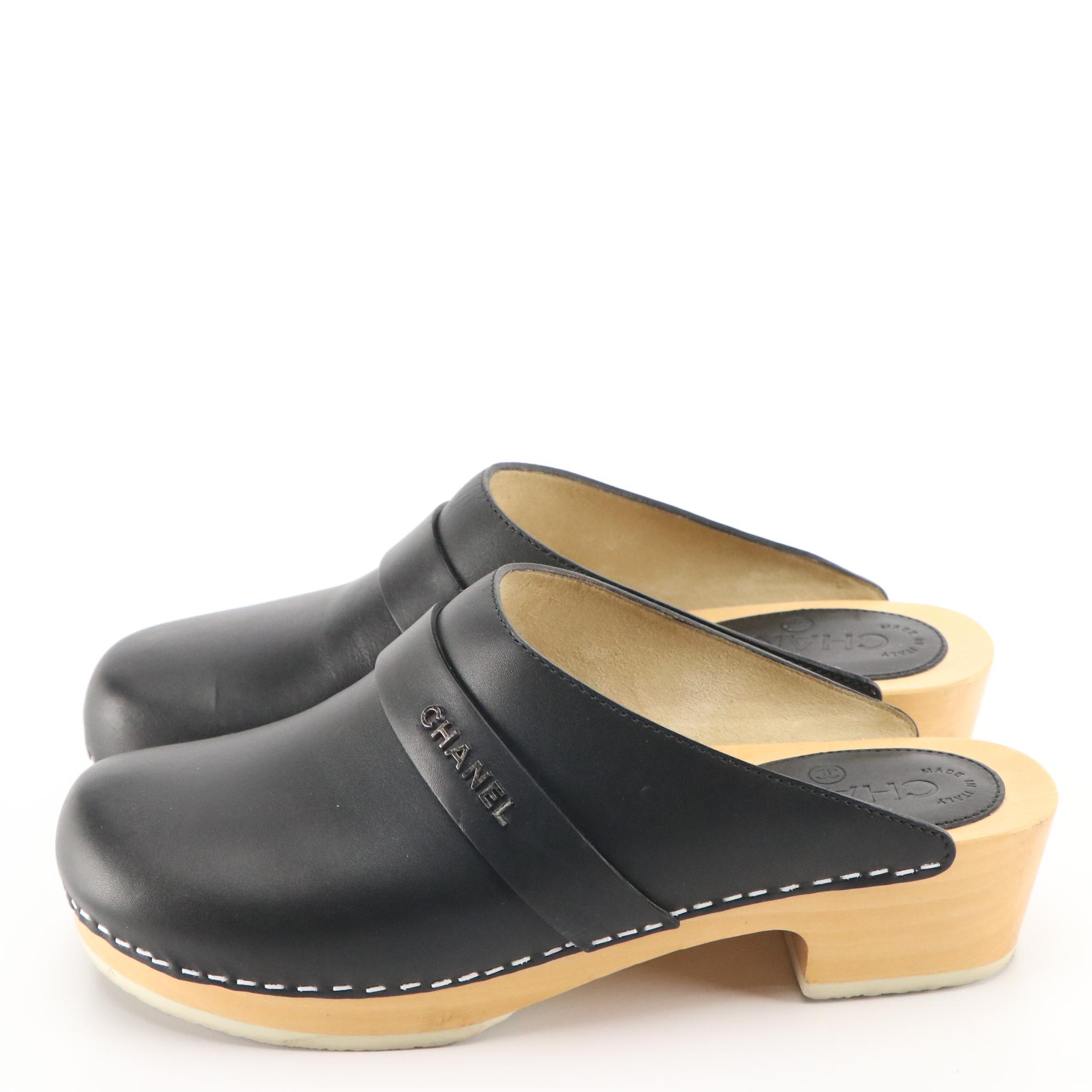 Chanel Black Lambskin Leather Wooden Clogs with White Contrast Stitching