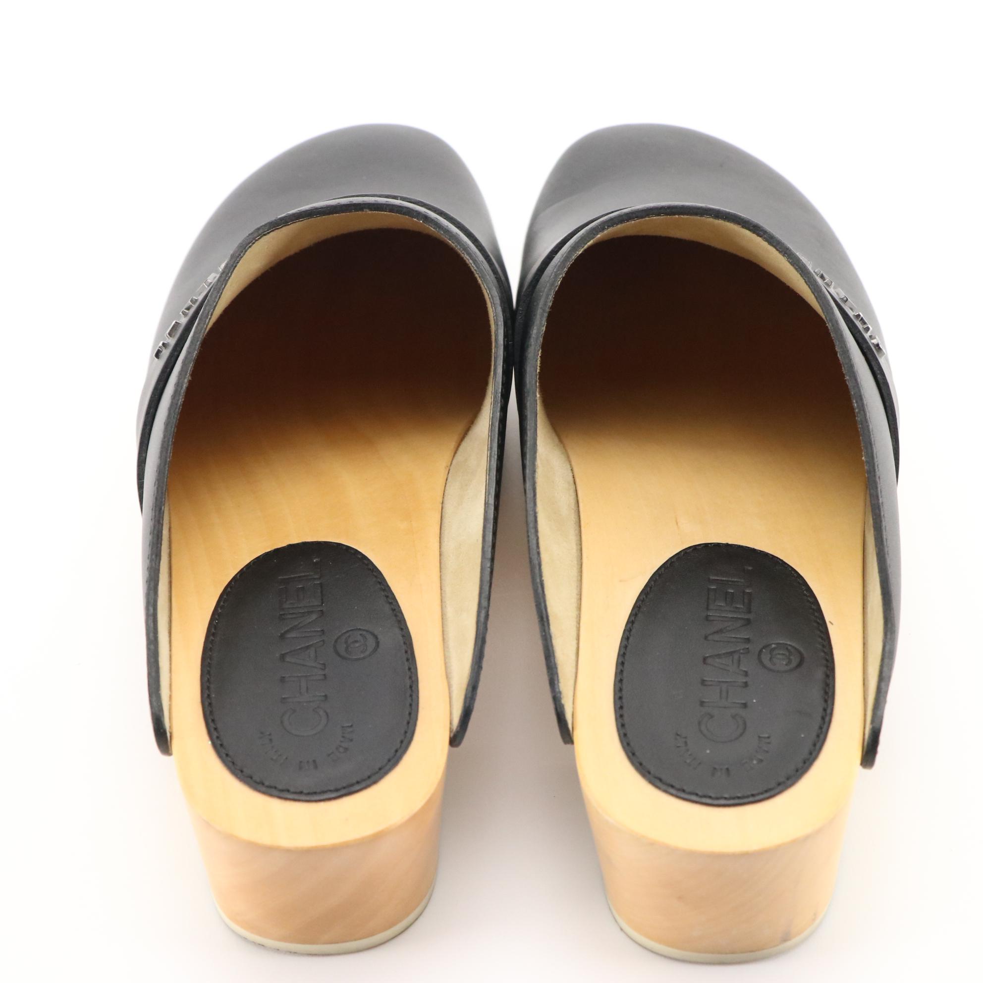 Chanel Black Lambskin Leather Wooden Clogs with White Contrast Stitching