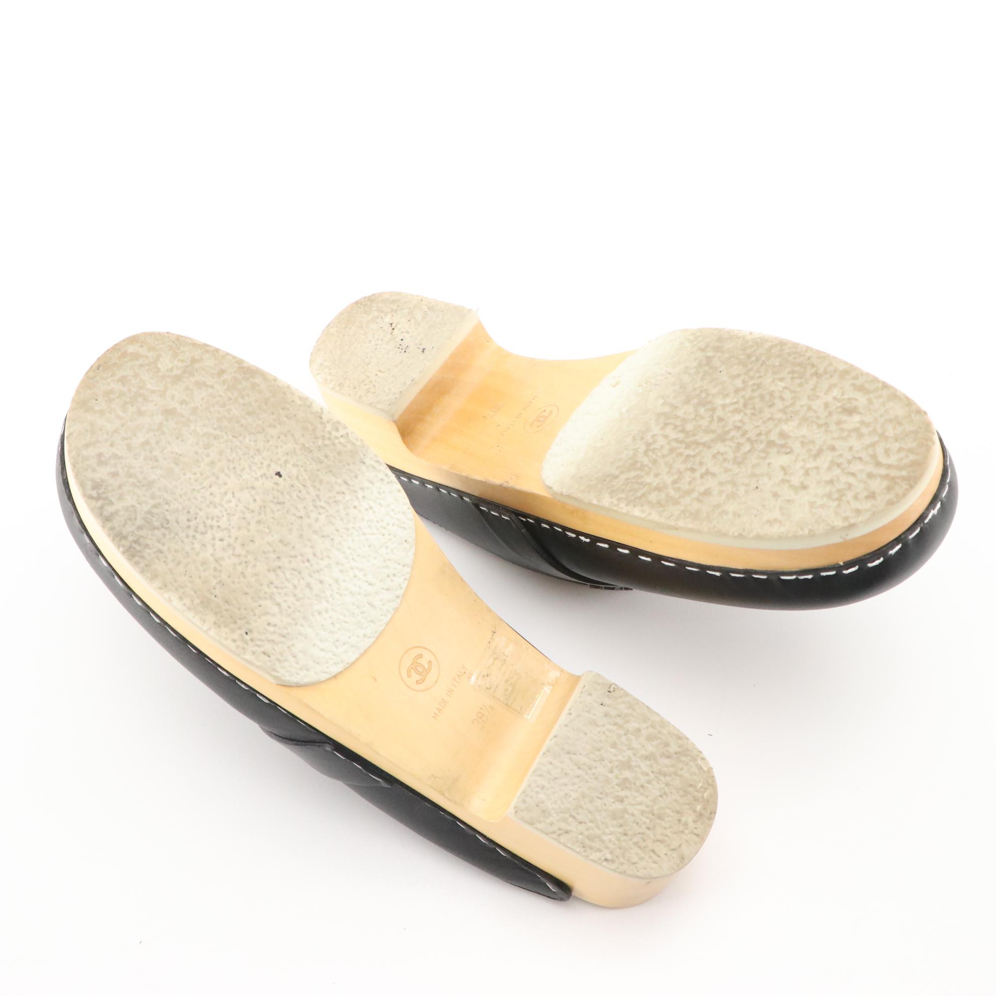 Chanel Black Lambskin Leather Wooden Clogs with White Contrast Stitching