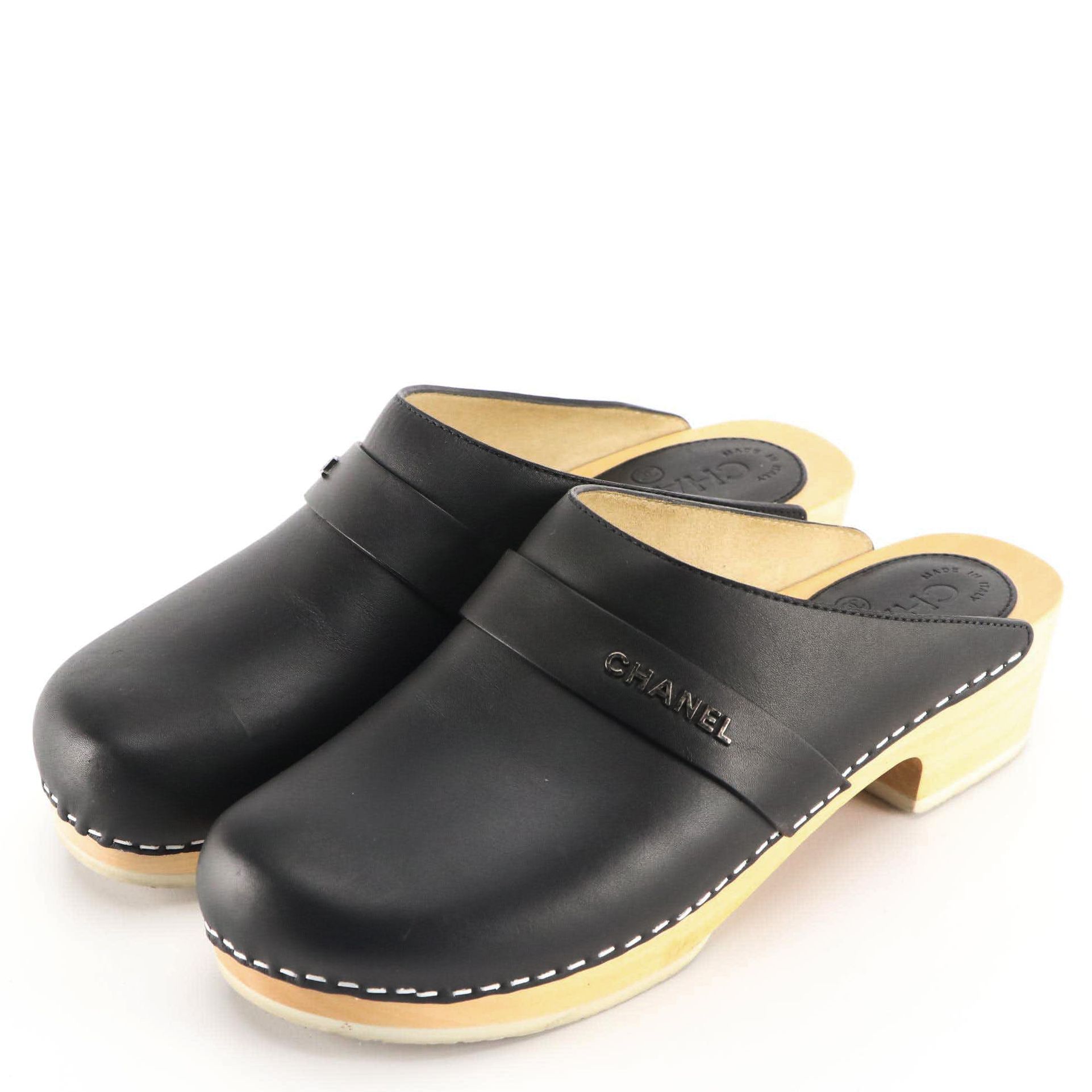 Chanel Black Lambskin Leather Wooden Clogs with White Contrast Stitching