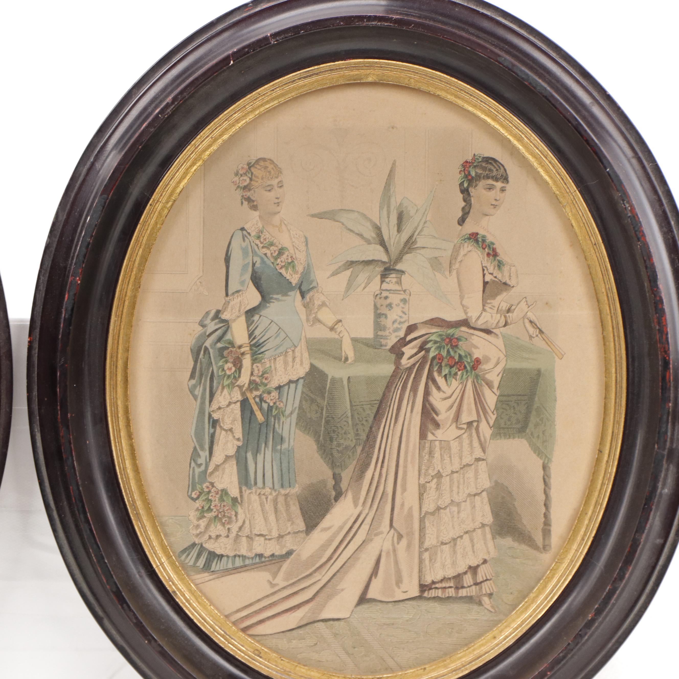 Pair of Hand-Colored Etchings of Women in Victorian Dress, Late 19th Century