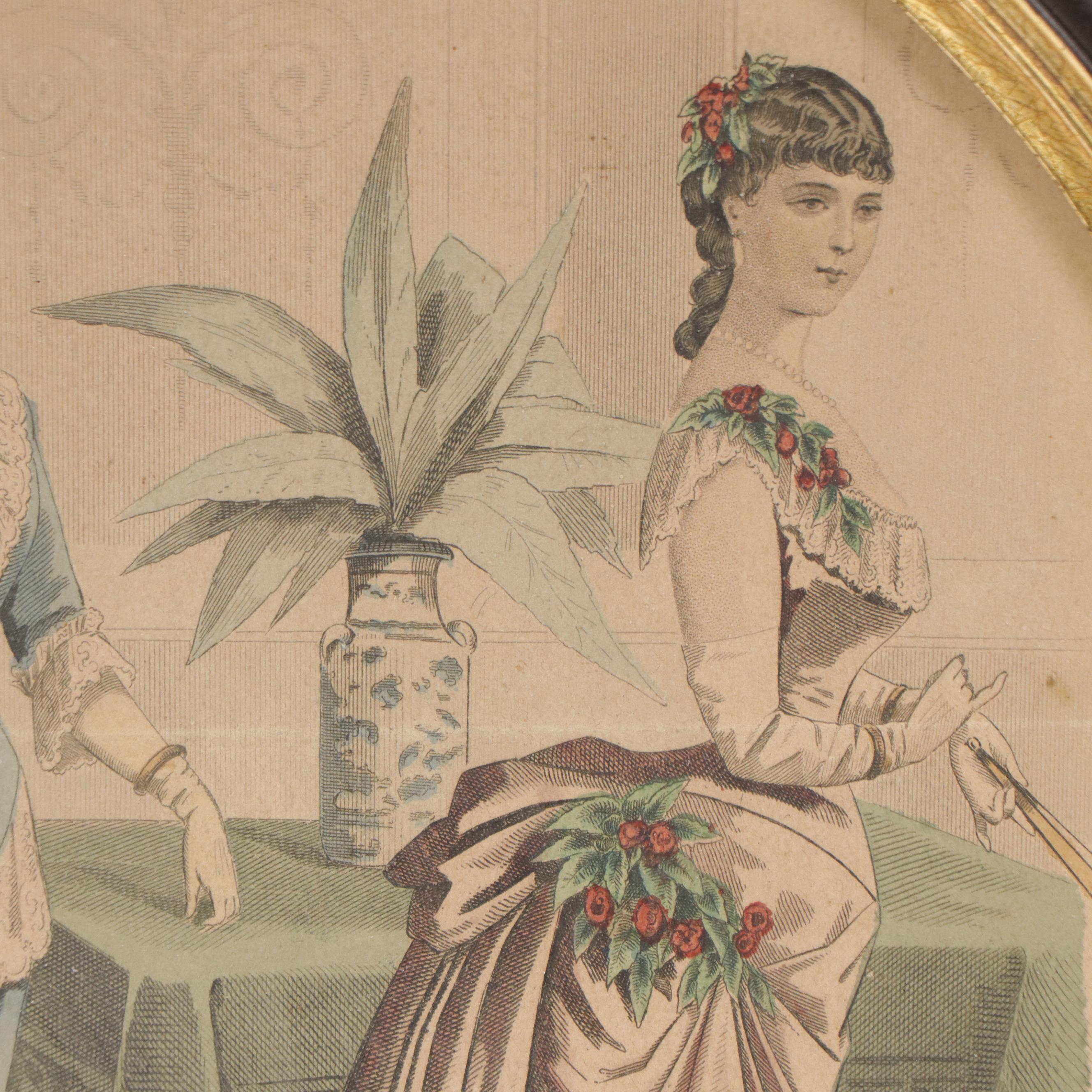 Pair of Hand-Colored Etchings of Women in Victorian Dress, Late 19th Century