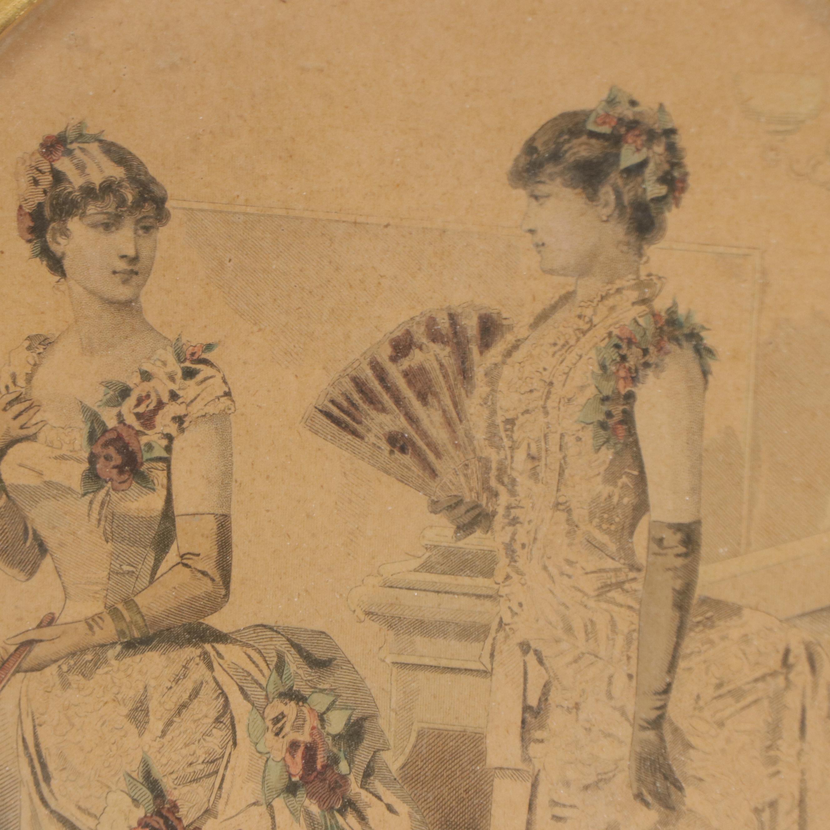 Pair of Hand-Colored Etchings of Women in Victorian Dress, Late 19th Century