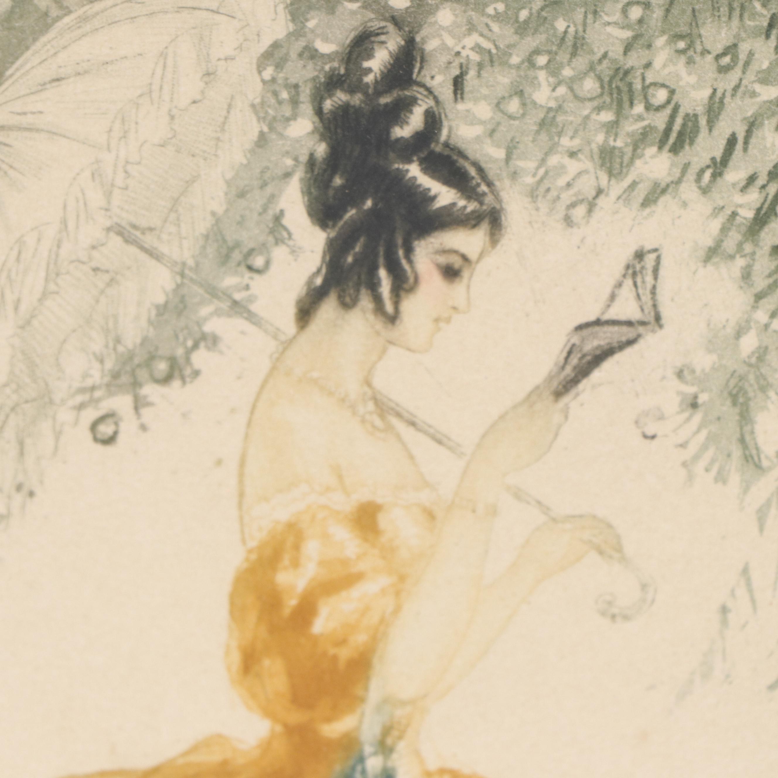 Etching with Aquatint of a Woman with Parasol Reading a Book