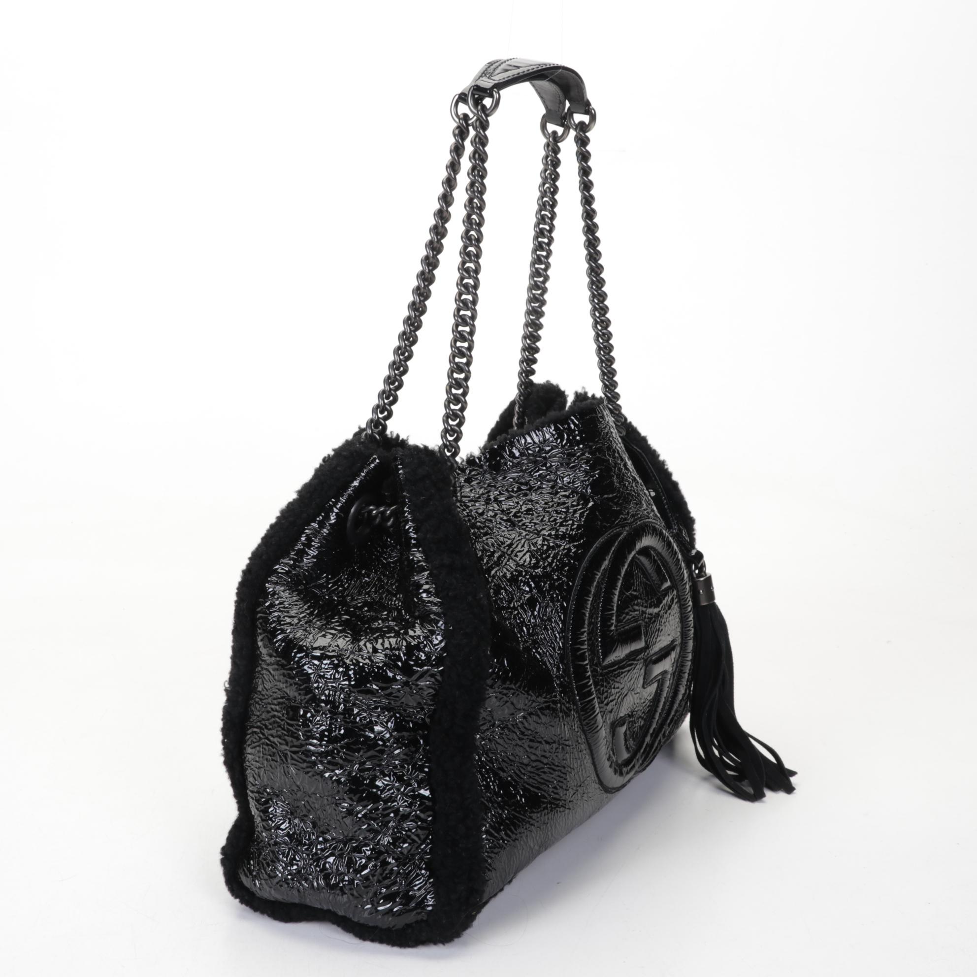 Gucci Crushed Black Patent Leather and Shearling Soho Chain Tote Bag