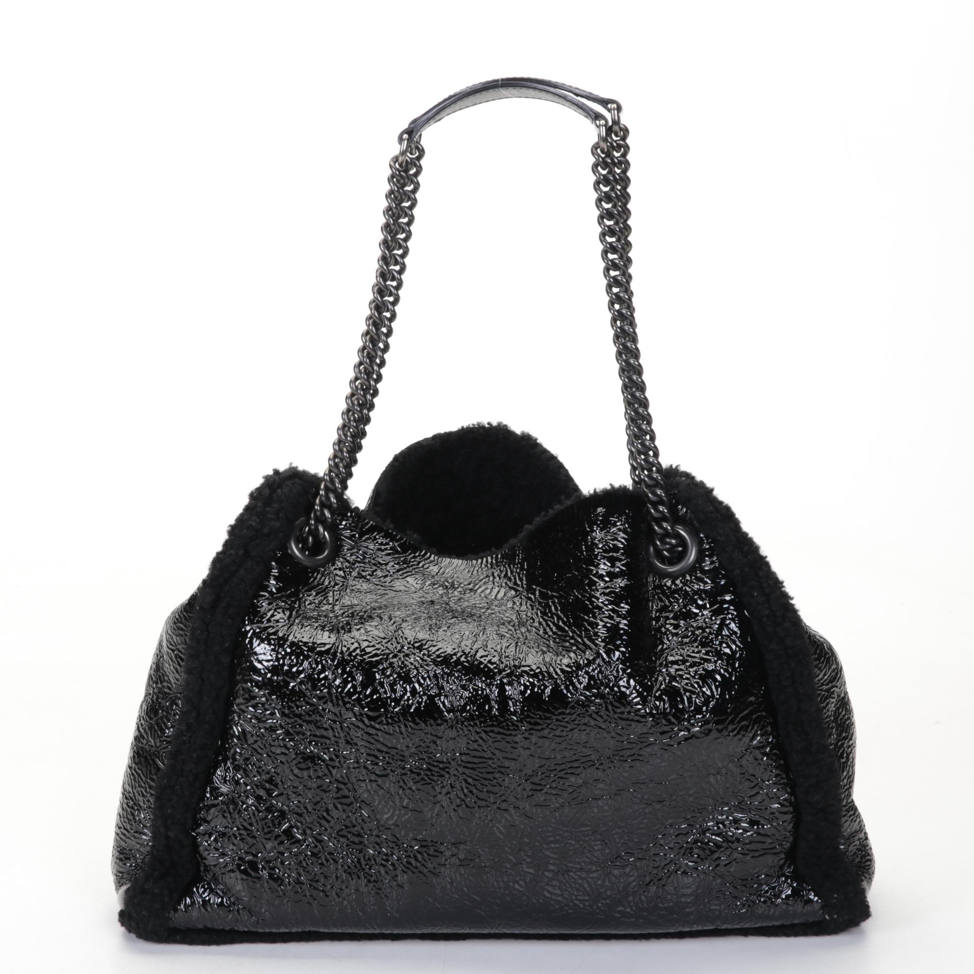Gucci Crushed Black Patent Leather and Shearling Soho Chain Tote Bag