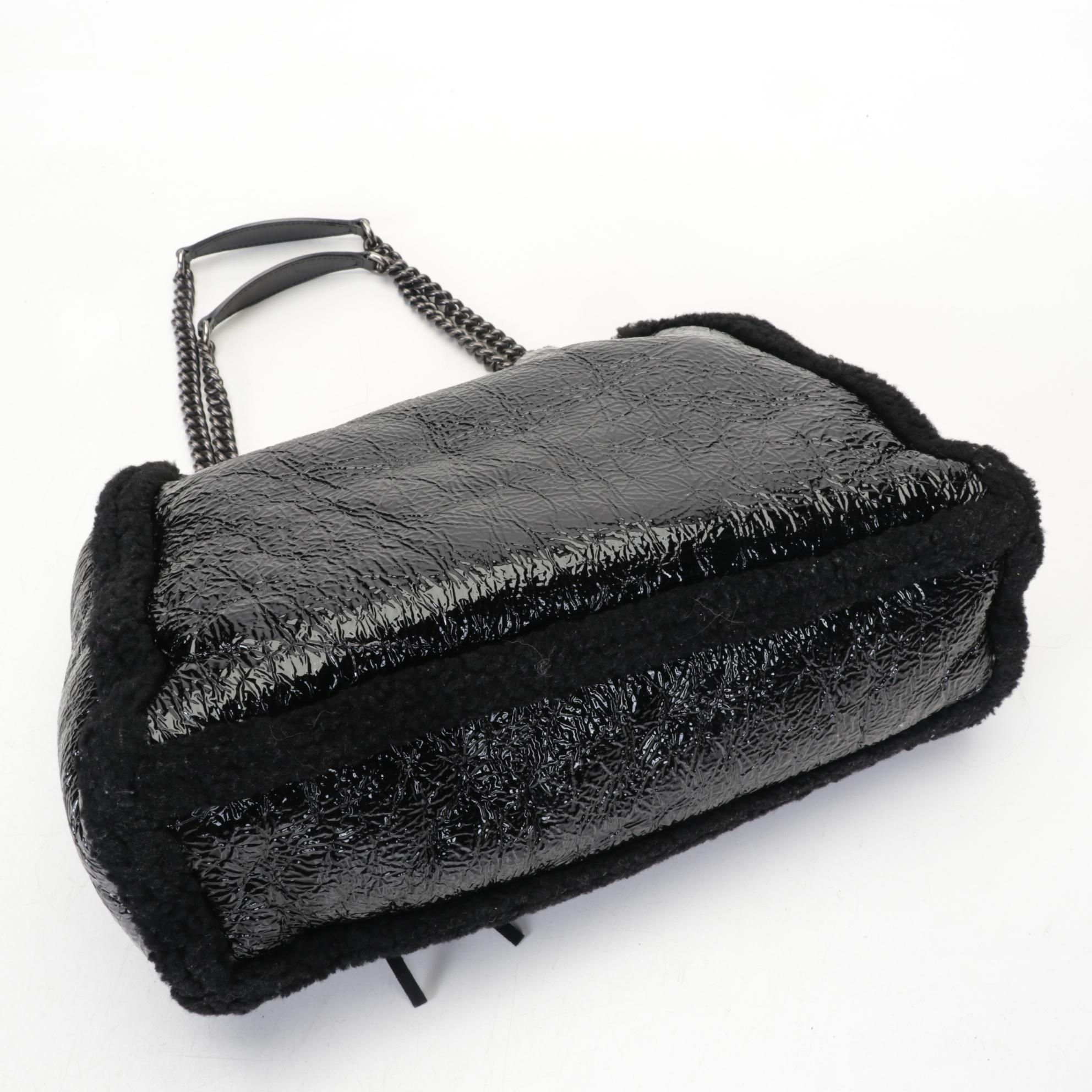 Gucci Crushed Black Patent Leather and Shearling Soho Chain Tote Bag