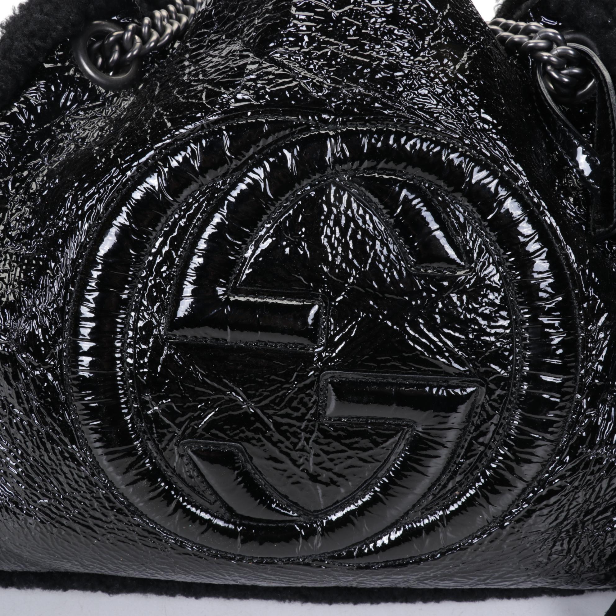 Gucci Crushed Black Patent Leather and Shearling Soho Chain Tote Bag