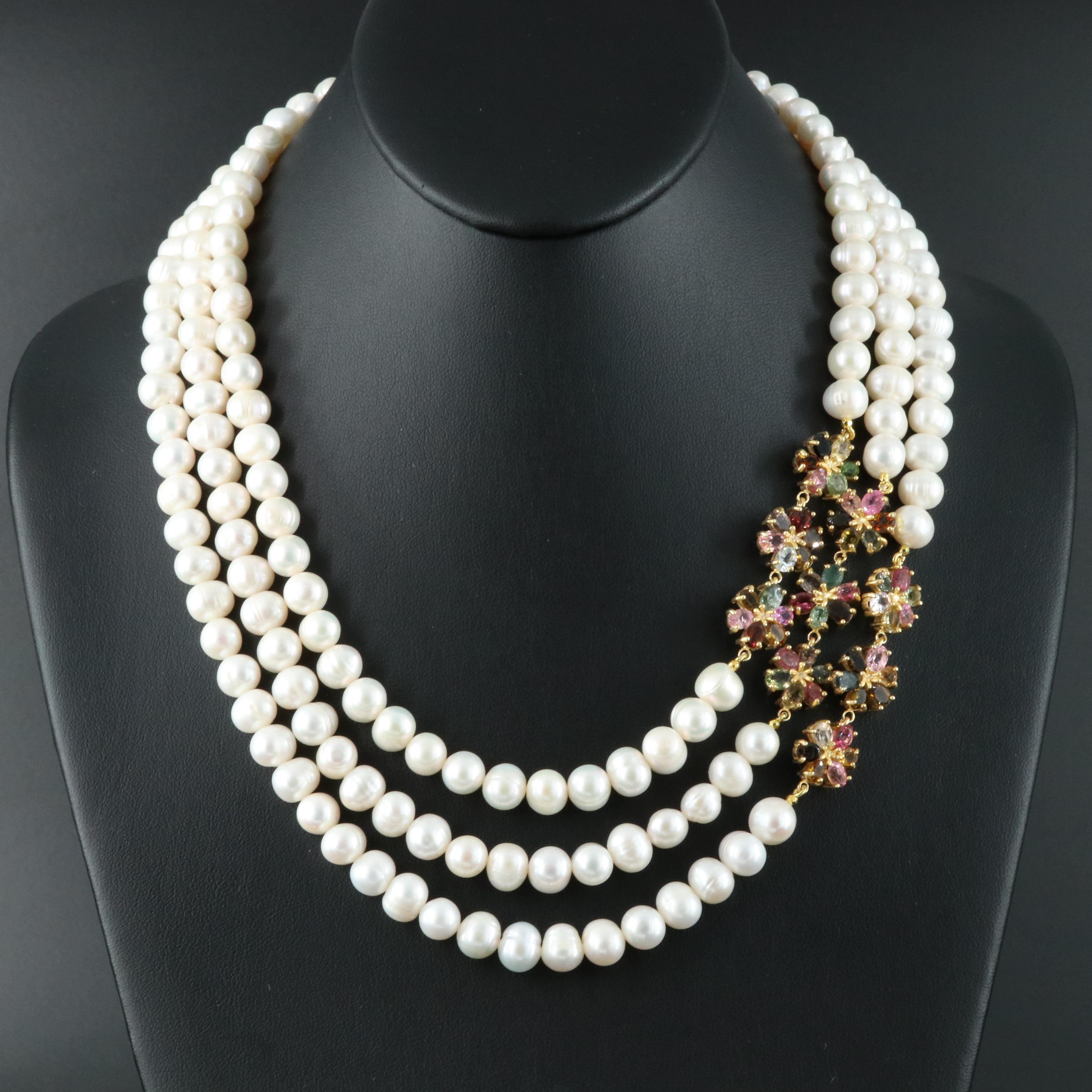 Sterling Pearl and Tourmaline Floral Necklace