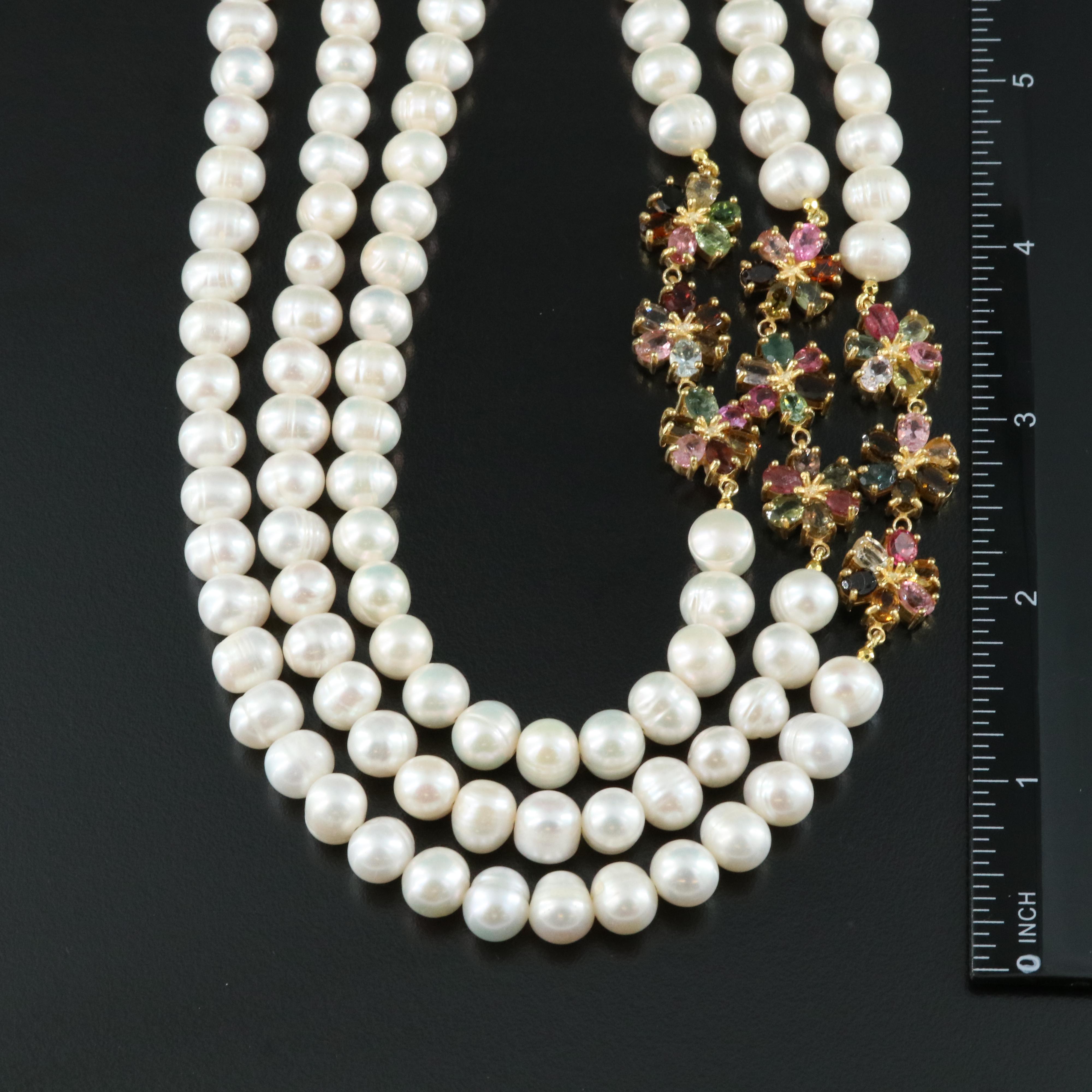 Sterling Pearl and Tourmaline Floral Necklace